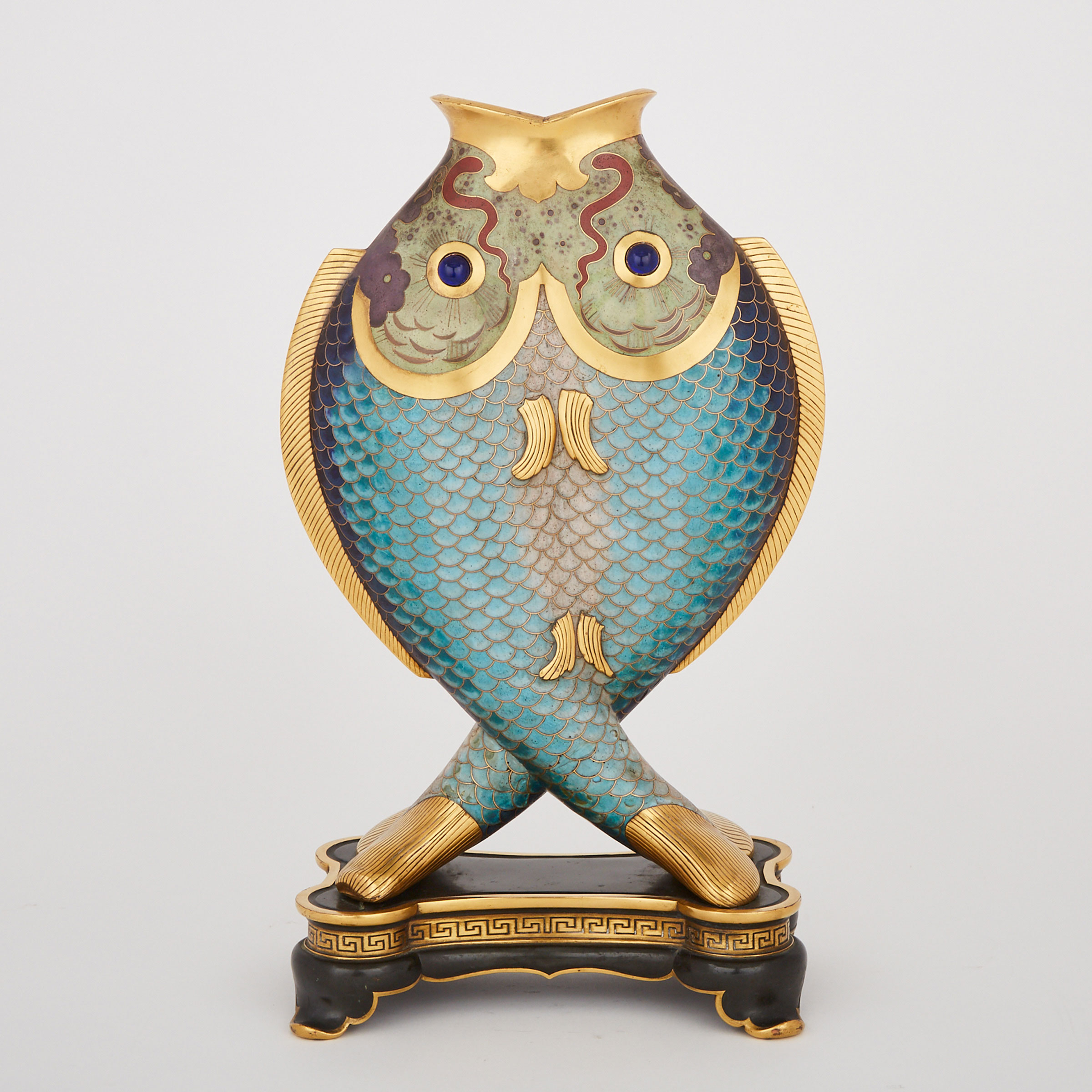 French ‘Japonisme’ Cloisonné Enamel, Gilt and Patinated Bronze Double Fish Form Vase, Christofle et Cie, 1874