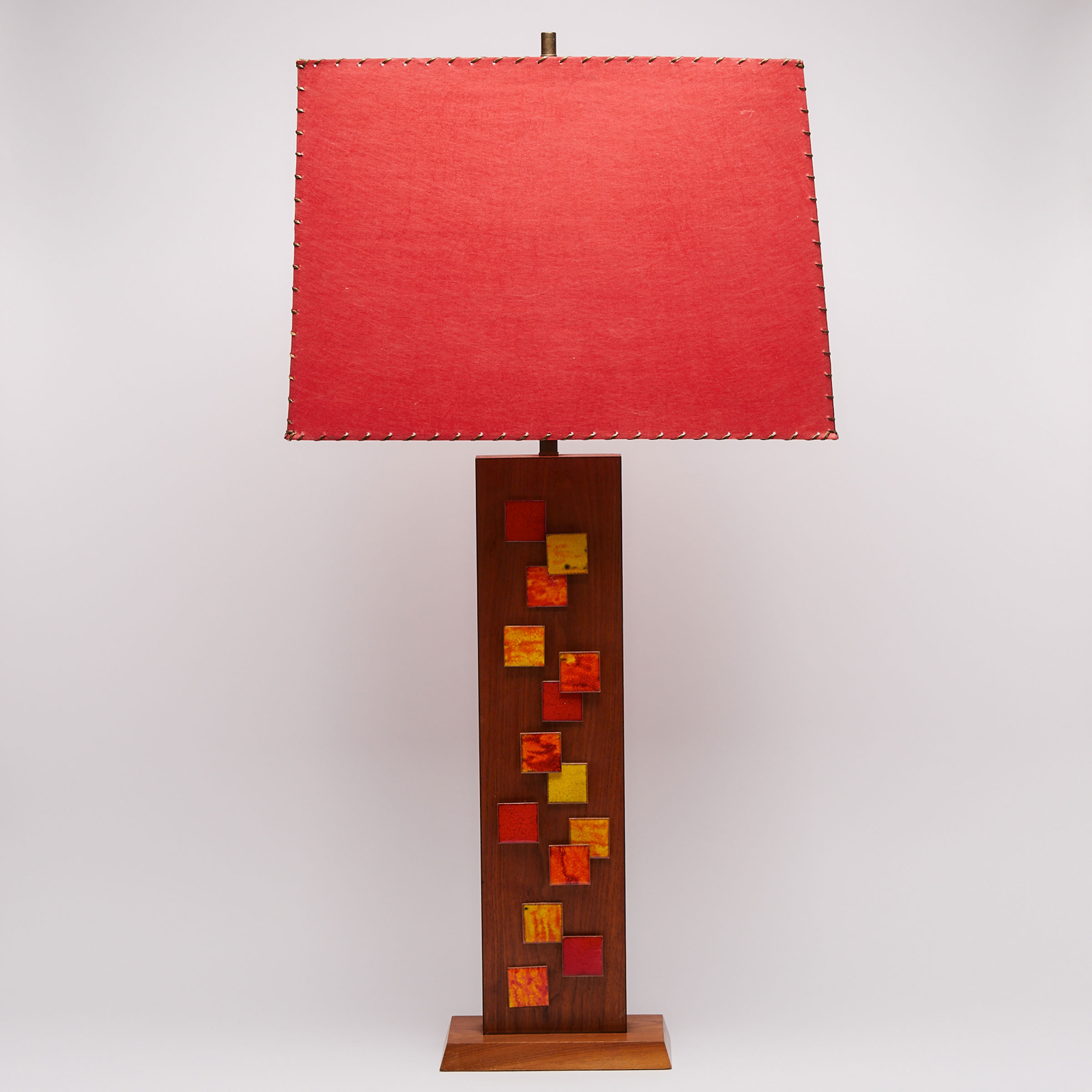 Harris Strong (American, 1920-2006) Large Mid Century Modern Ceramic Tile Mounted Walnut Table Lamp, c.1970