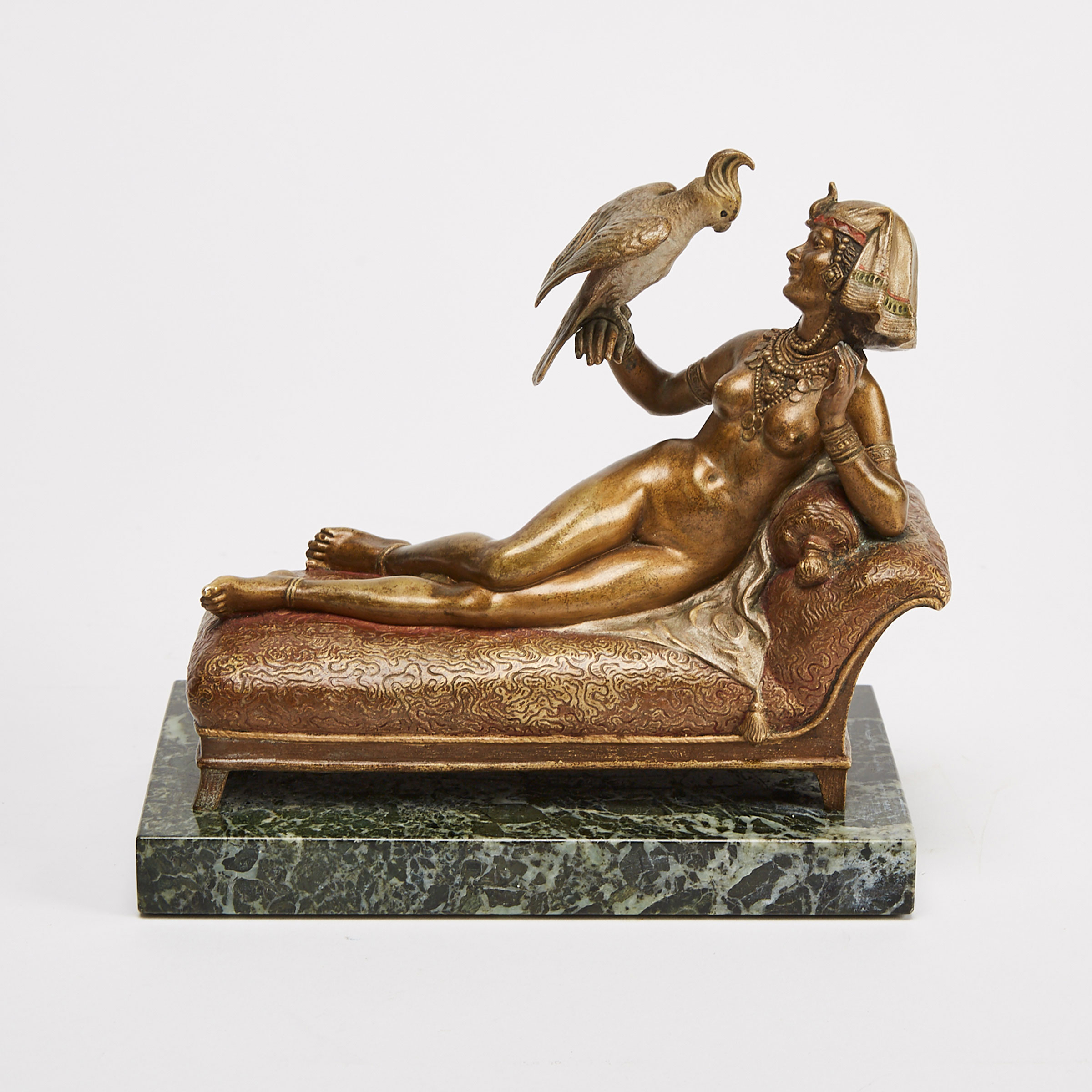 Franz Bergman Cold Painted Bronze Model of Cleopatra Reclining with a Cockatoo,early 20th century