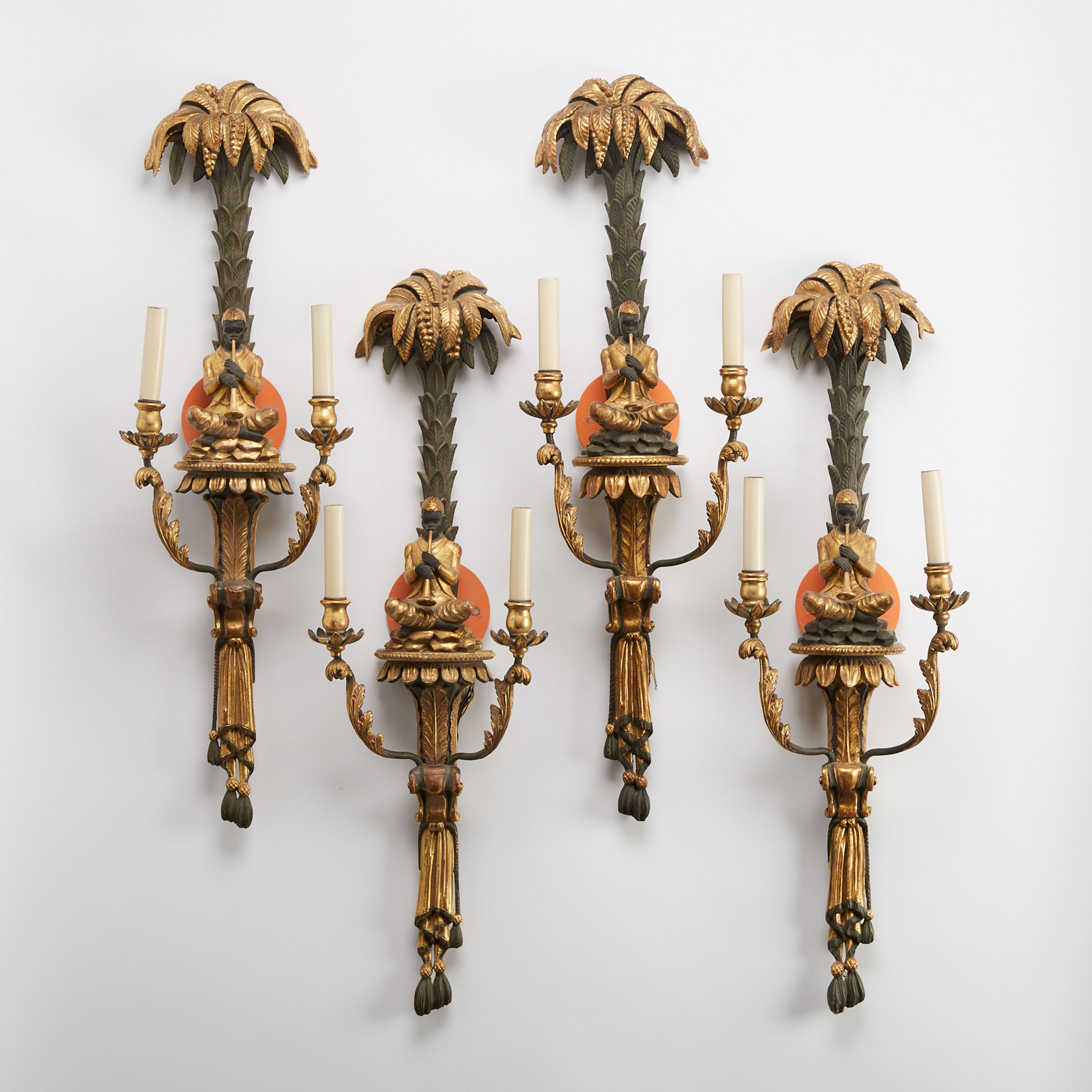 Set of Four Orientalist Parcel Gilt and Polychromed Wood Two Light Wall Sconces, mid 20th century