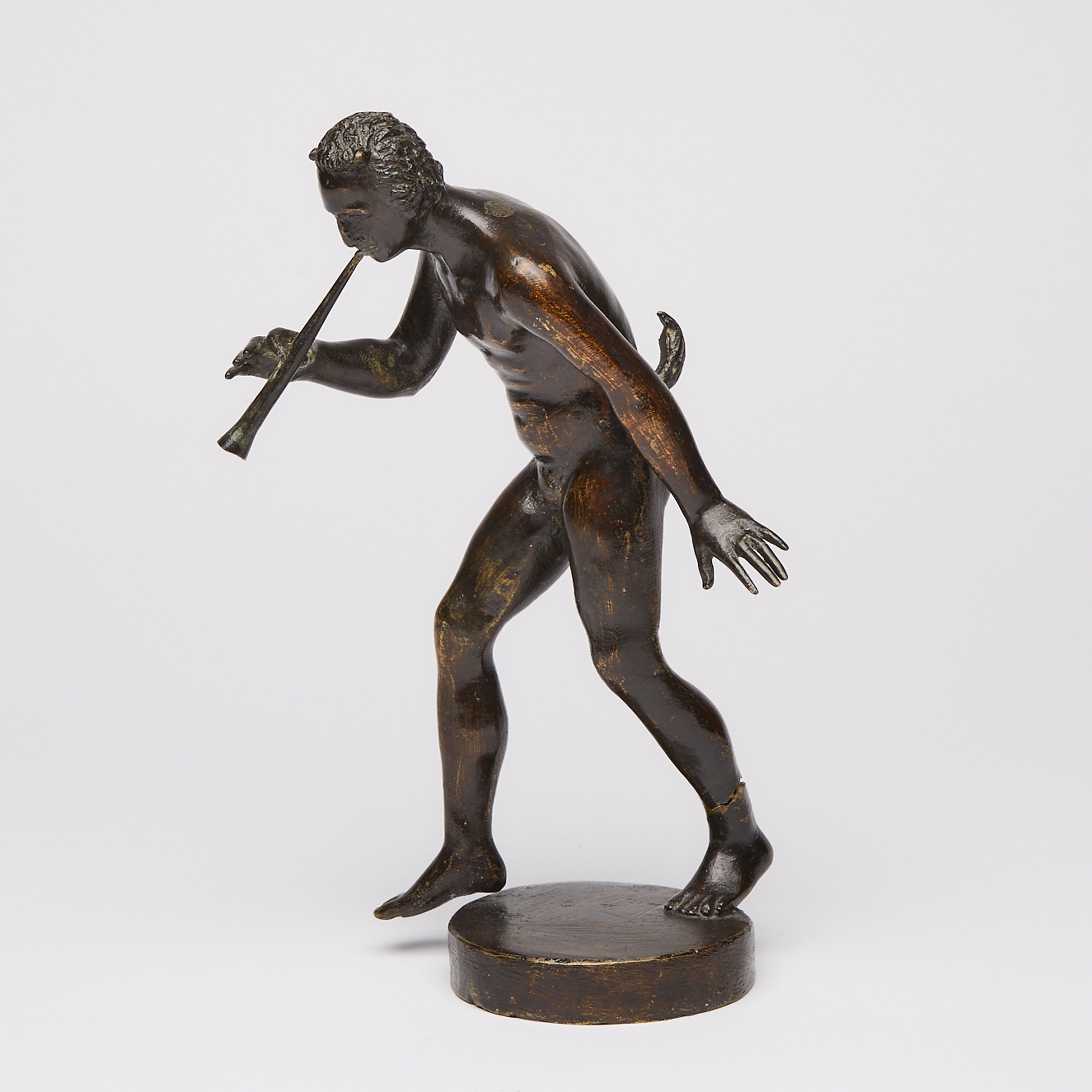 North Italian Bronze Figure of a Faun Playing a Flute, Attributed to the Workshop of Severo Calzetta da Ravenna, Padua, early 17th century