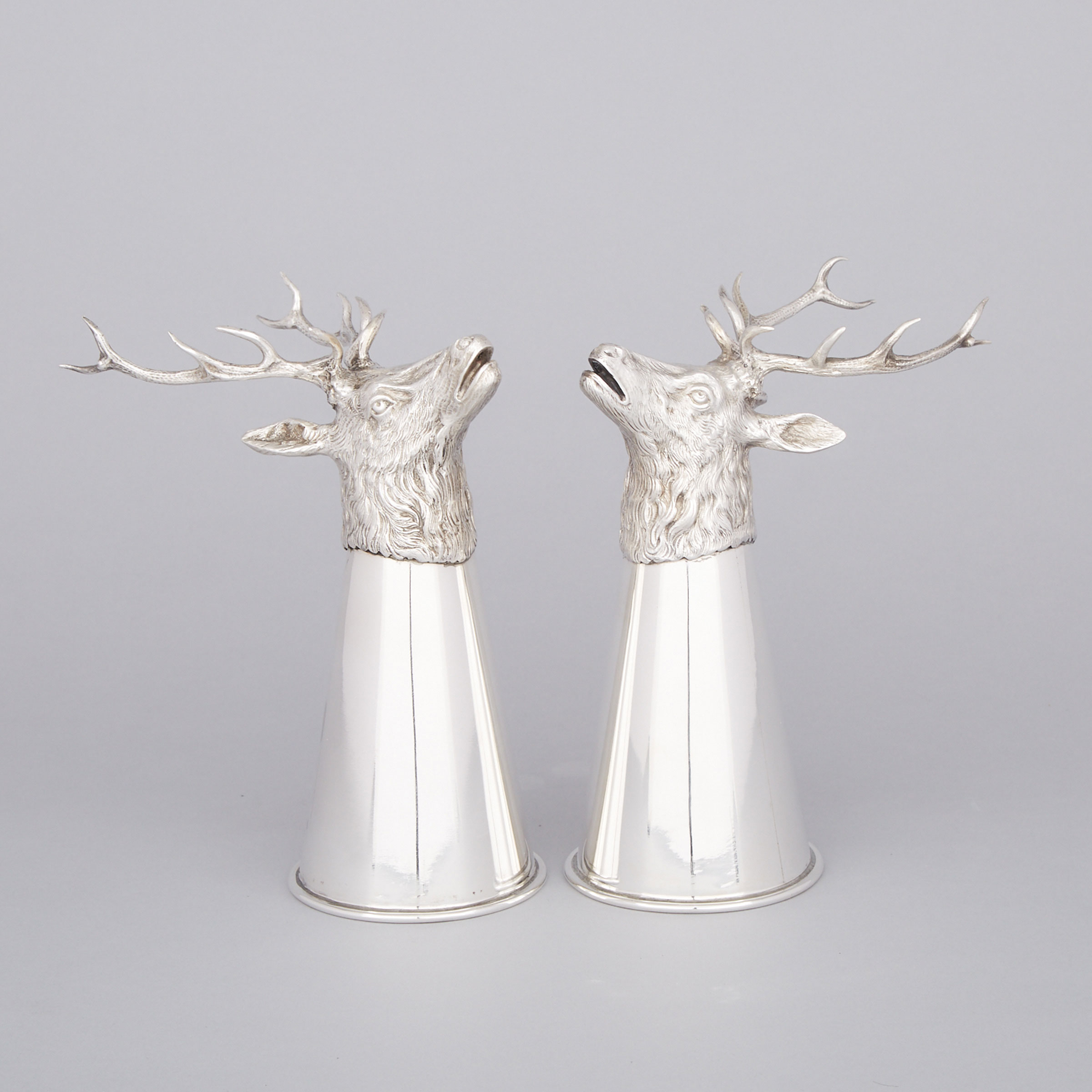 Pair of German Silver Stag’s Head Stirrup Cups, for Tiffany & Co., 20th century