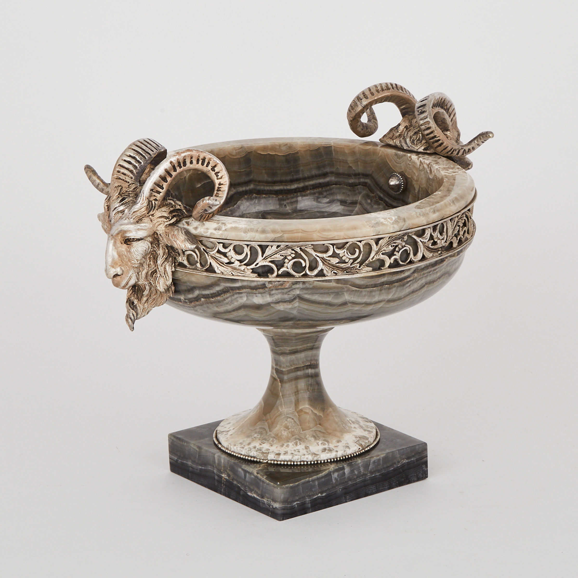 French Silvered Bronze Mounted Turned Agate Tazza, c.1900