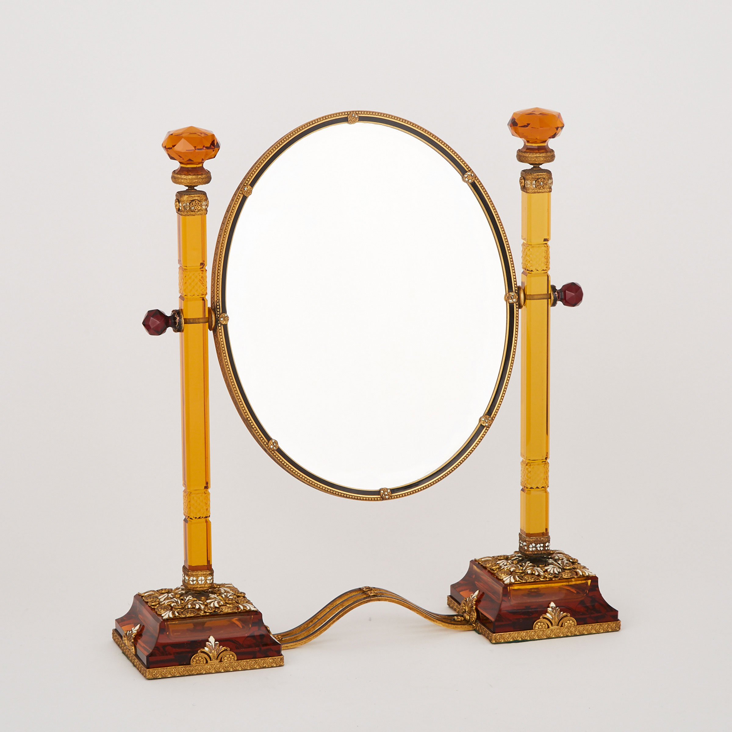 Russian Champlevé Enamelled and Marcasite Set Ormolu Mounted Cut Amber Glass Toilet Mirror, early 20th century 