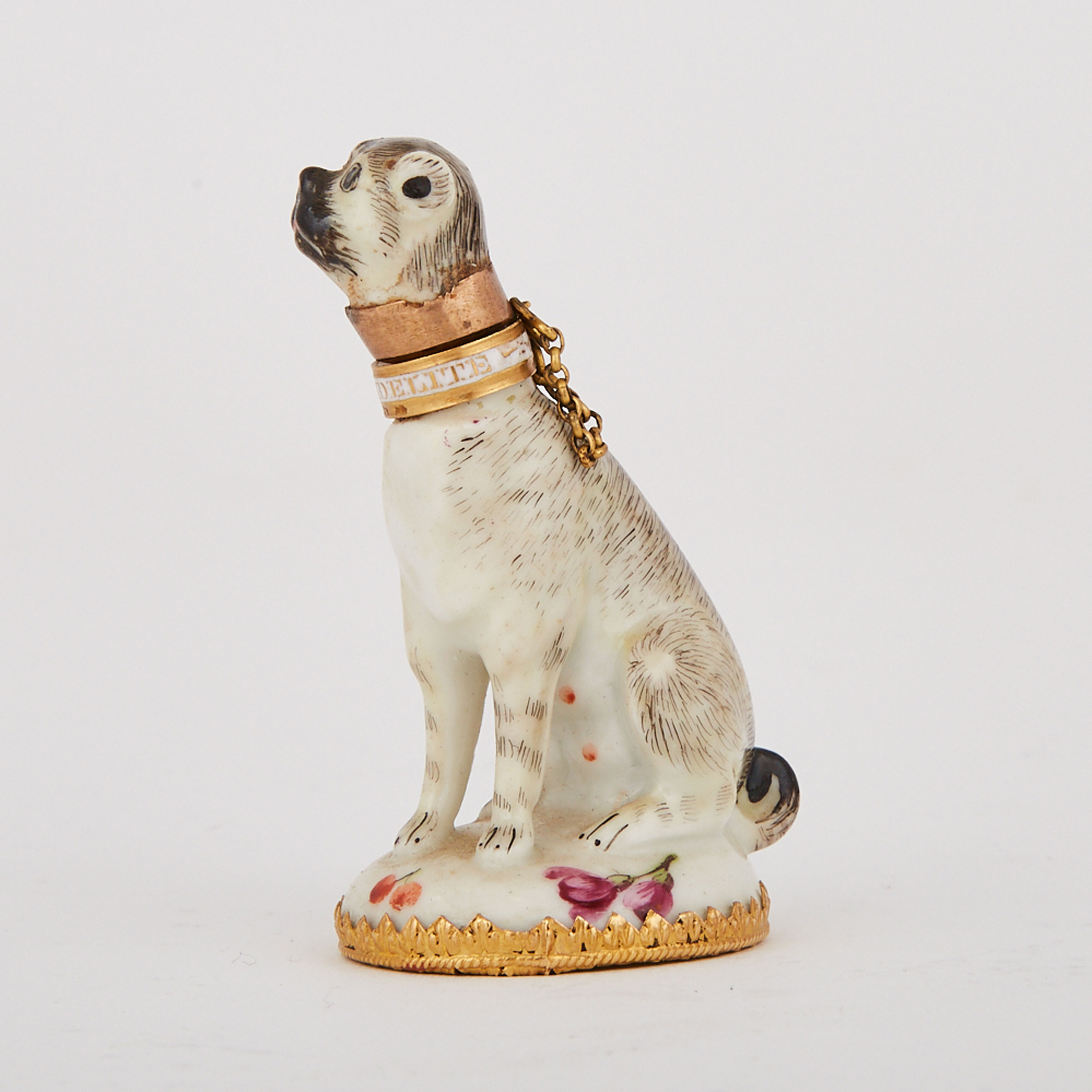 English Porcelain Seated Dog Scent Bottle, possibly Chelsea, c.1755