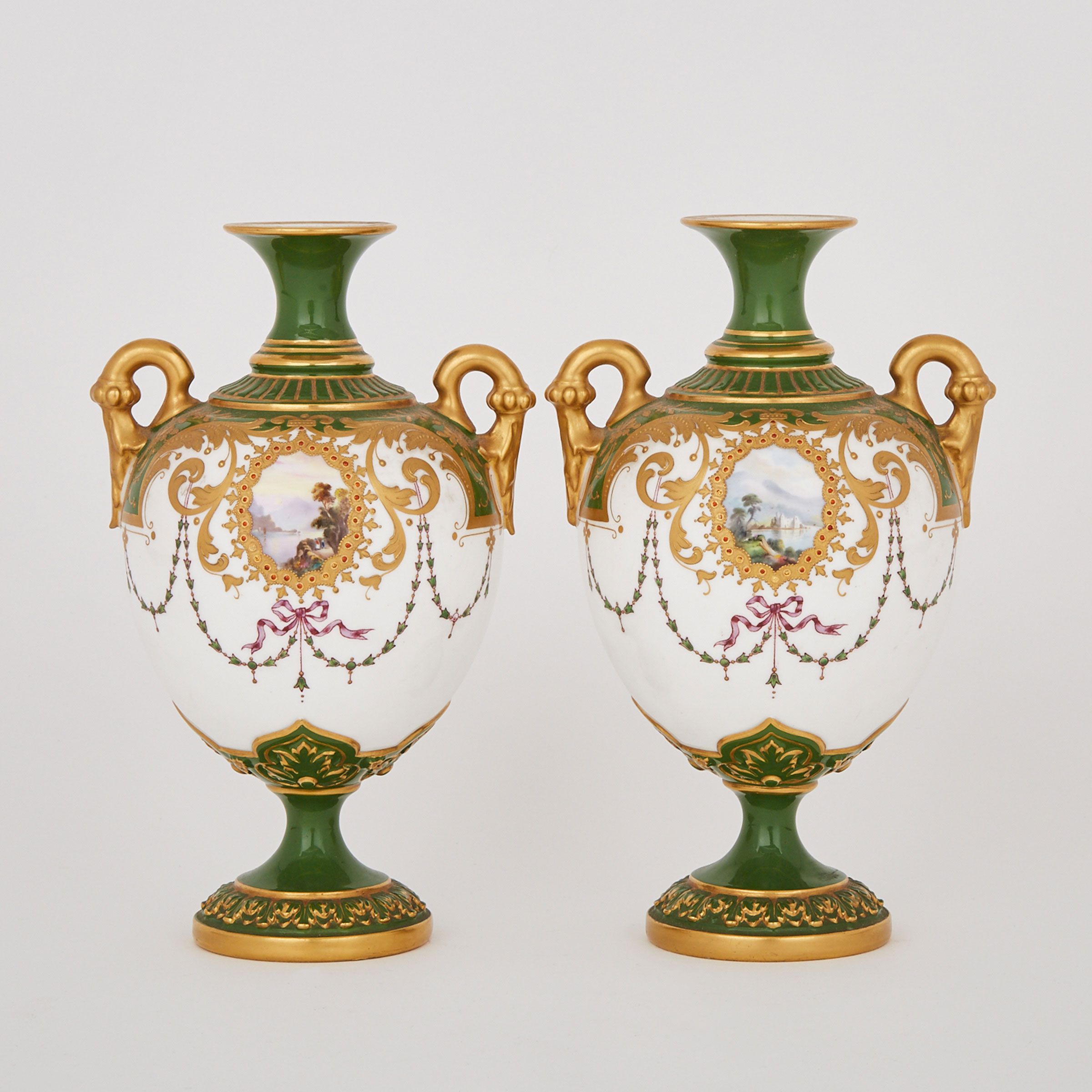 Pair of Royal Worcester ‘Jewelled’ Green and Gilt Ground Two-Handled Vases, c.1900
