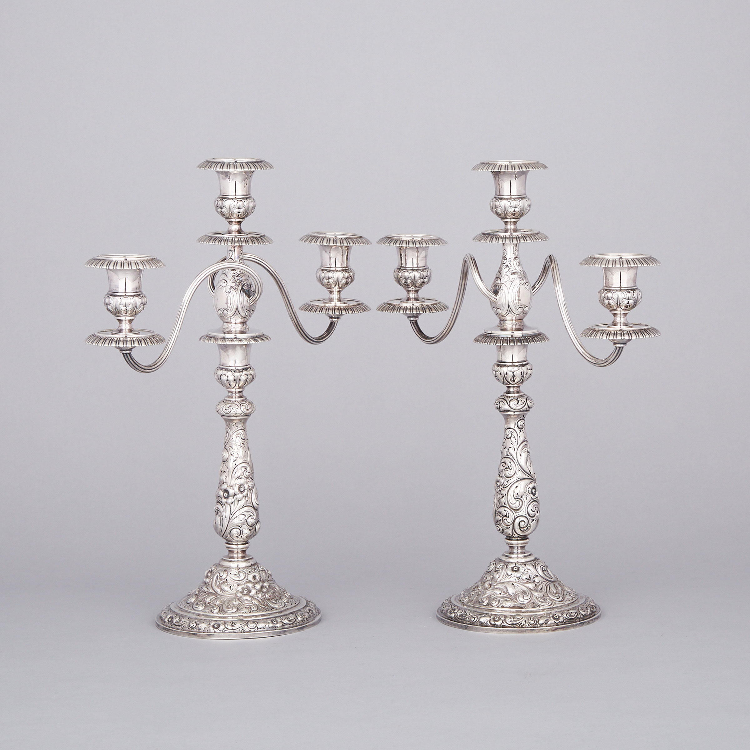 Pair of American Silver Three-Light Candelabra, Dominick & Haff for Shreve, Crump & Low of Boston, New York, N.Y., late 19th century
