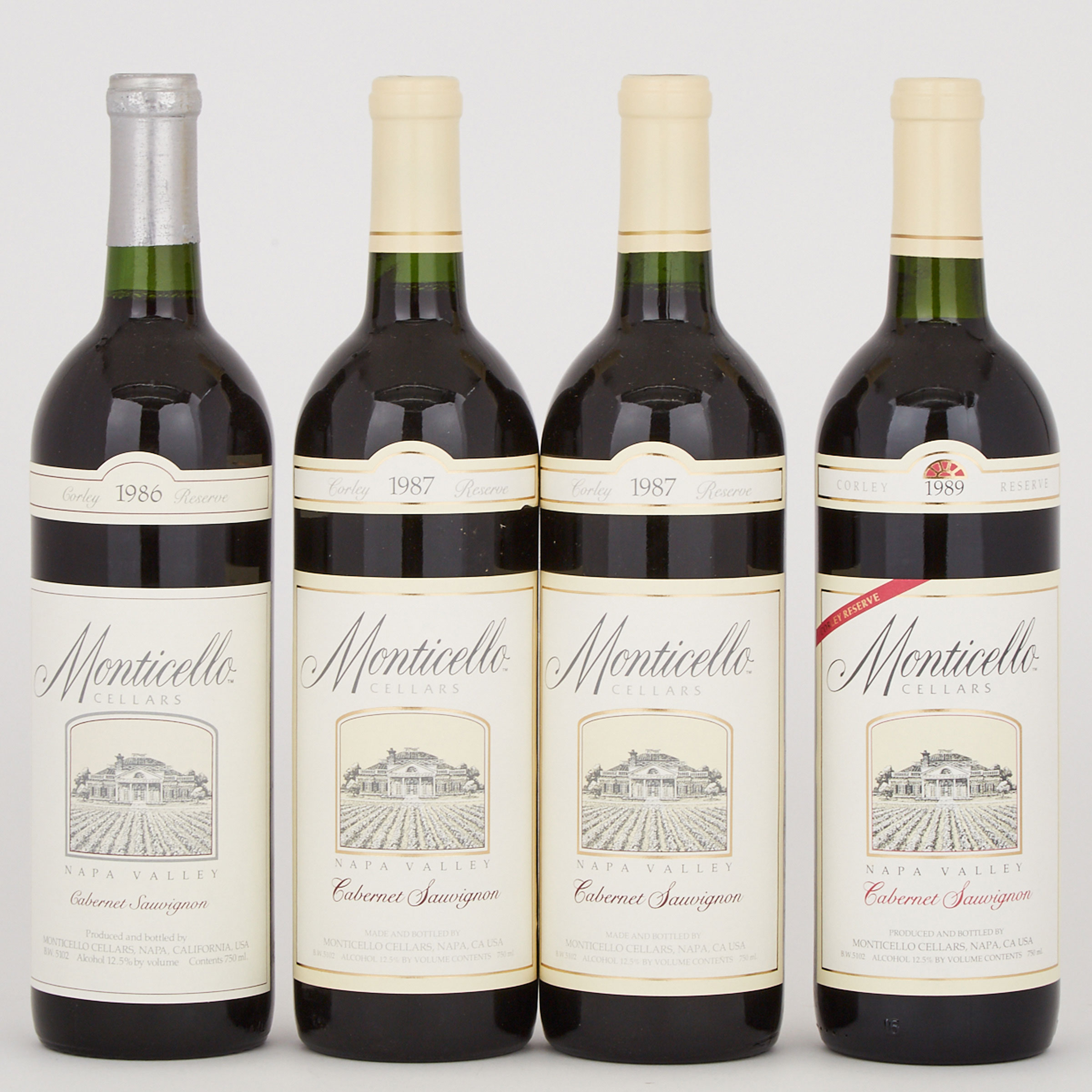 MONTICELLO VINEYARDS CORLEY FAMILY RESERVE CABERNET SAUVIGNON 1986 (1)
MONTICELLO VINEYARDS CORLEY FAMILY RESERVE CABERNET SAUVIGNON 1987 (2)
MONTICELLO VINEYARDS CORLEY FAMILY RESERVE CABERNET SAUVIGNON 1989 (1)