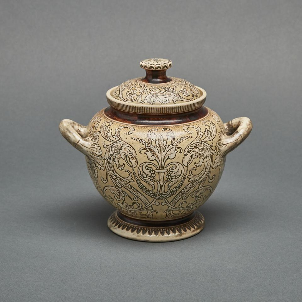 Martin Brothers Stoneware Two-Handled Jar with Cover, 1889