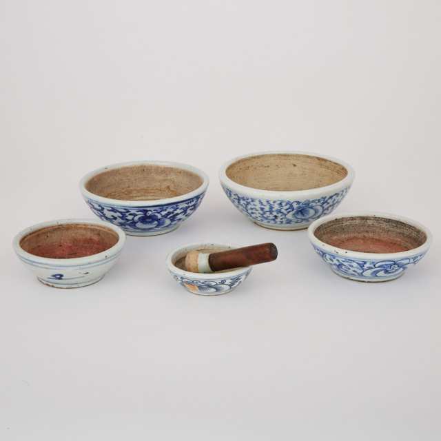 A Group of Five Blue and White Mortar Bowls, 19th Century