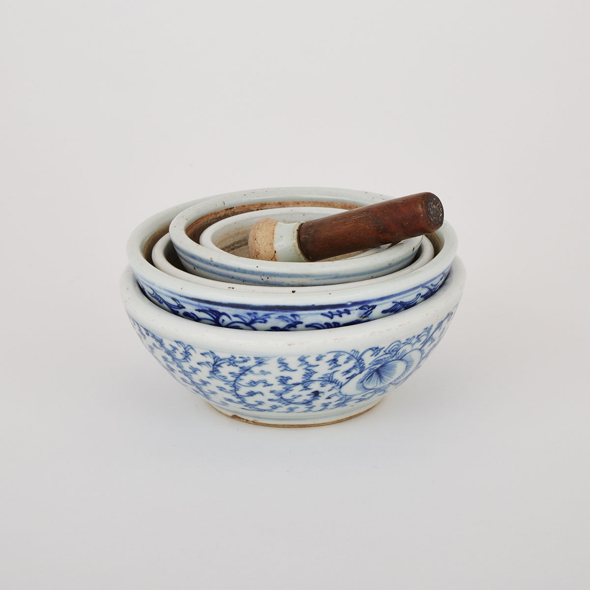 A Group of Five Blue and White Mortar Bowls, 19th Century