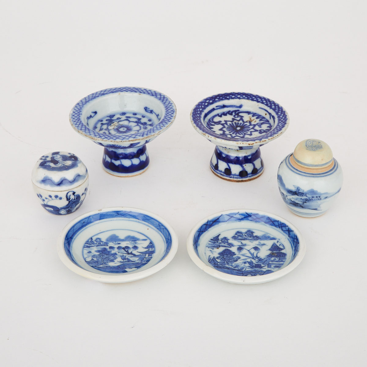 A Group of Six Miniature Blue and White Wares, 19th Century