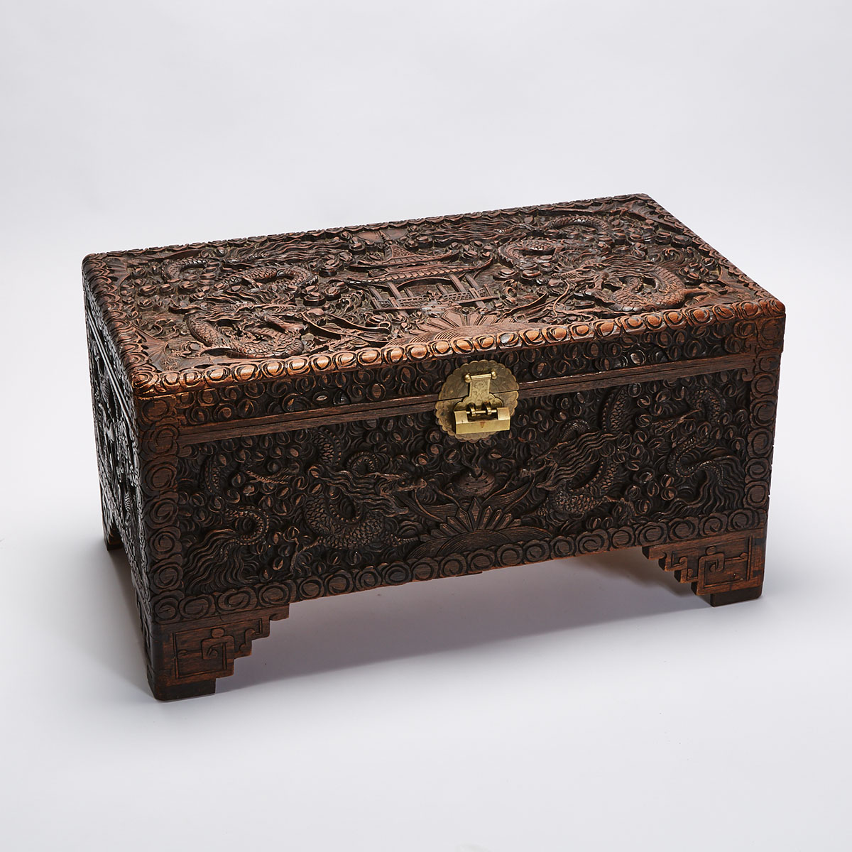 A Large Camphor Wood Carved Traveling Chest, Early 20th Century