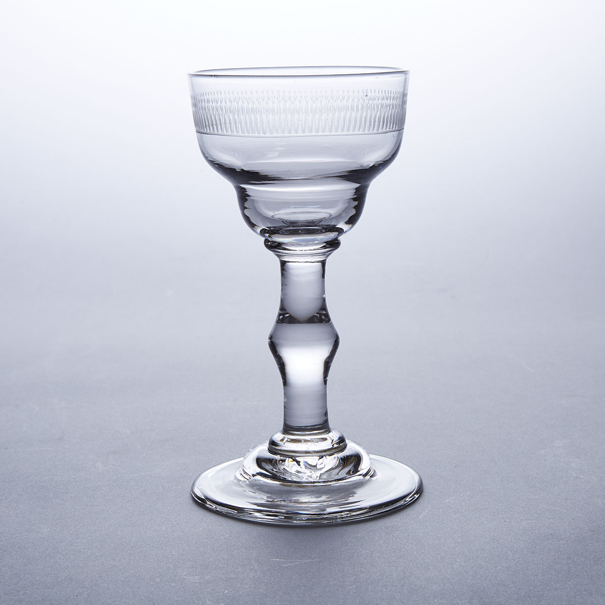English Engraved Balustroid Knopped Stemmed Glass Sweetmeat Goblet, c.1760-90