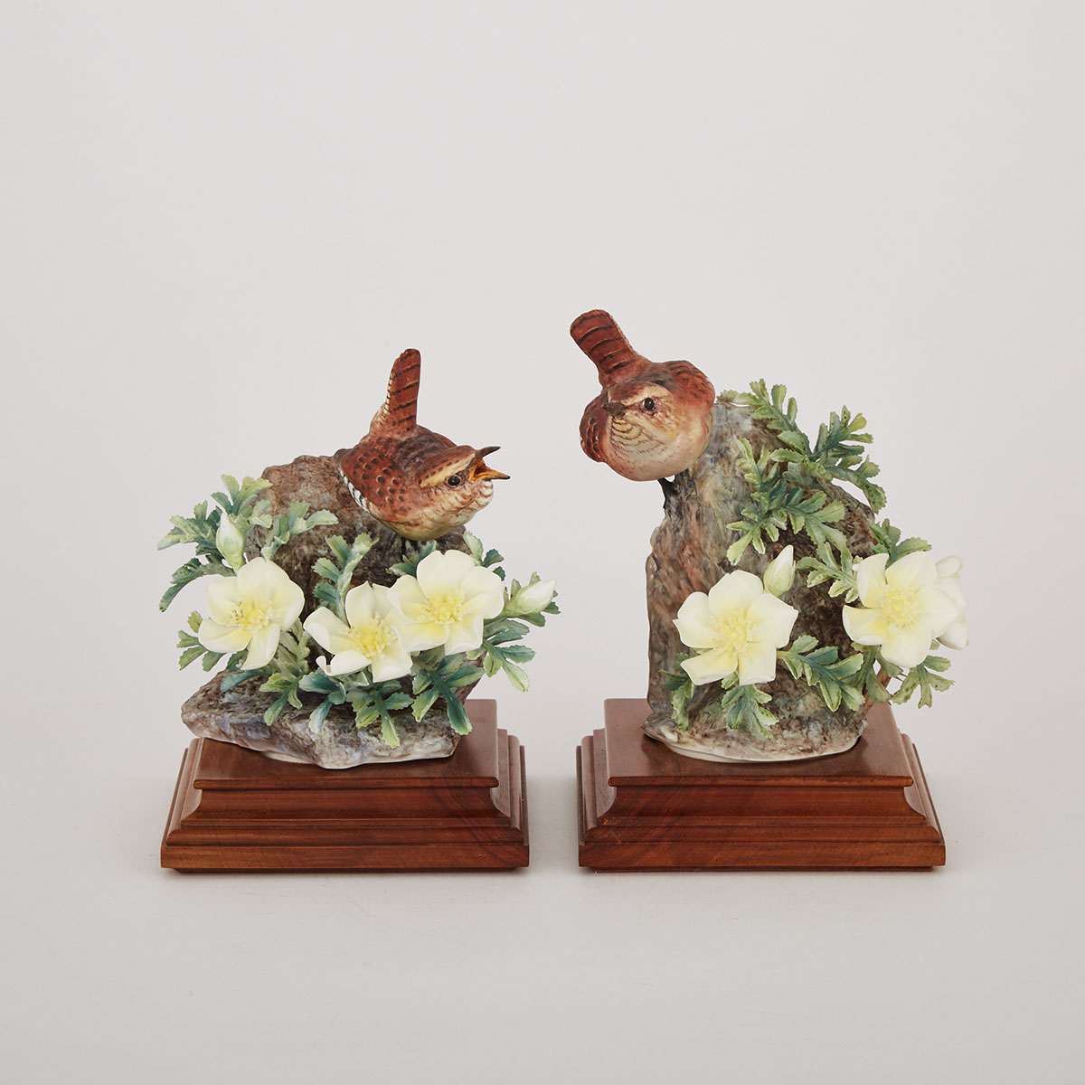 Pair of Royal Worcester ‘Wren and Burnet Rose’ Bird Models, Dorothy Doughty, 1964