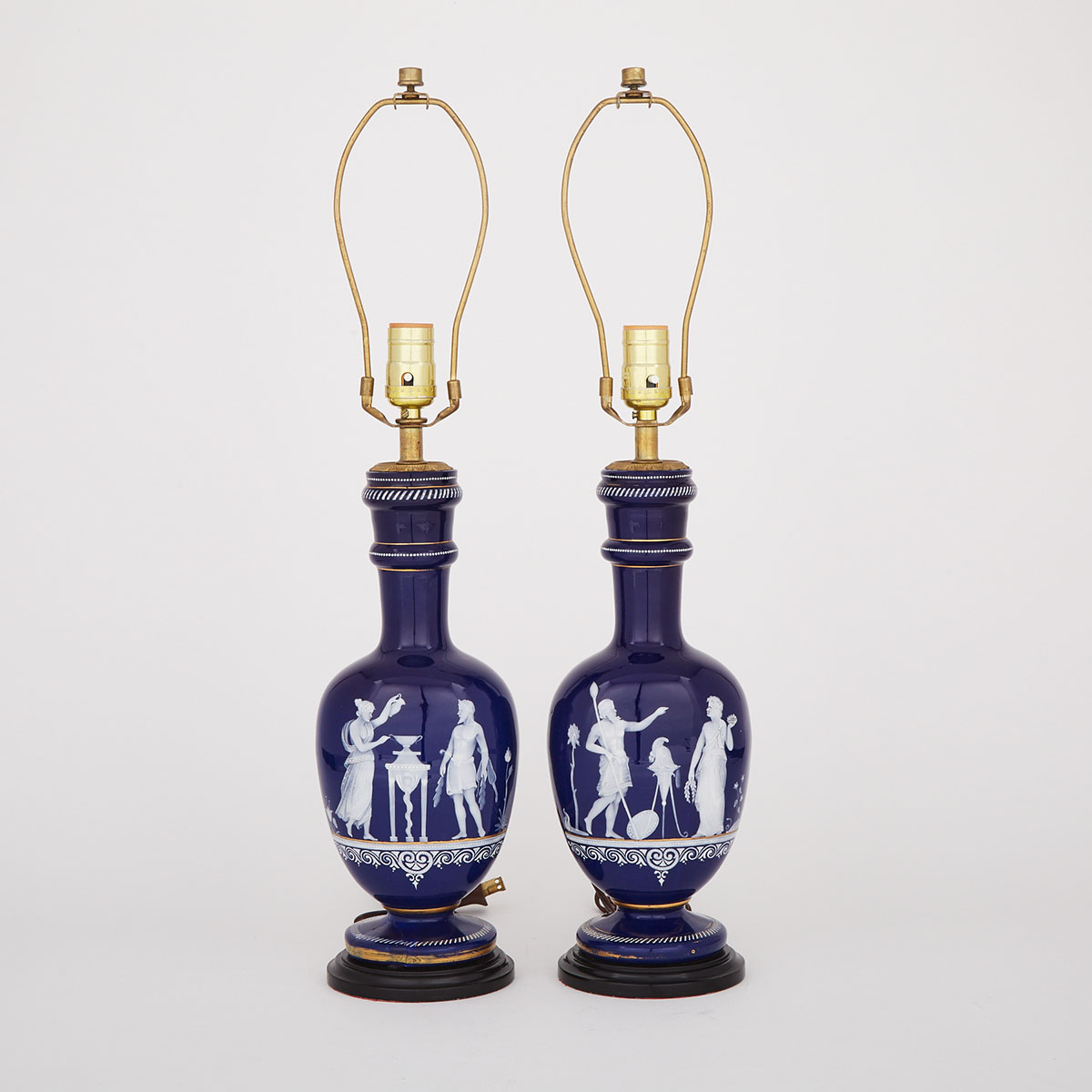 Pair of Pate-sur-Pate Porcelain Vase Table Lamps, early 20th century
