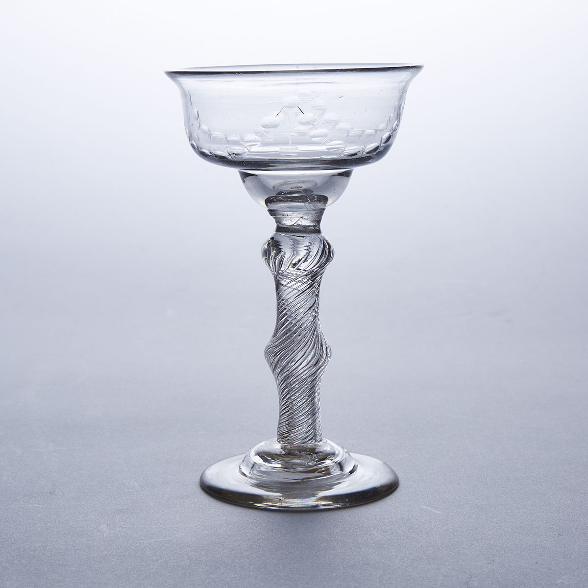 English Engraved Airtwist Stemmed Sweetmeat or Champagne Glass, c.1750-60