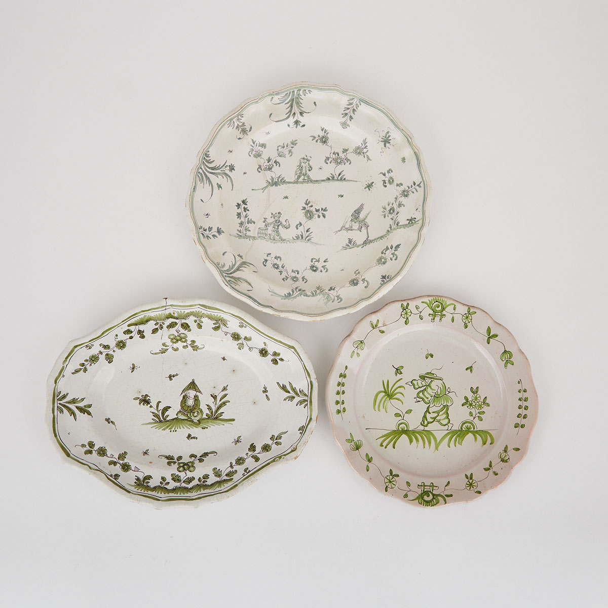 Three French Green and Manganese Painted Faience Dishes, late 18th century