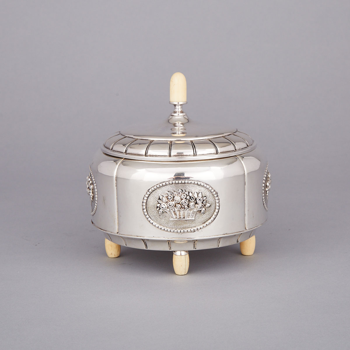 German Silver Covered Bowl with Ivory Feet and Finial, Theodore Müller, Weimar, early 20th century