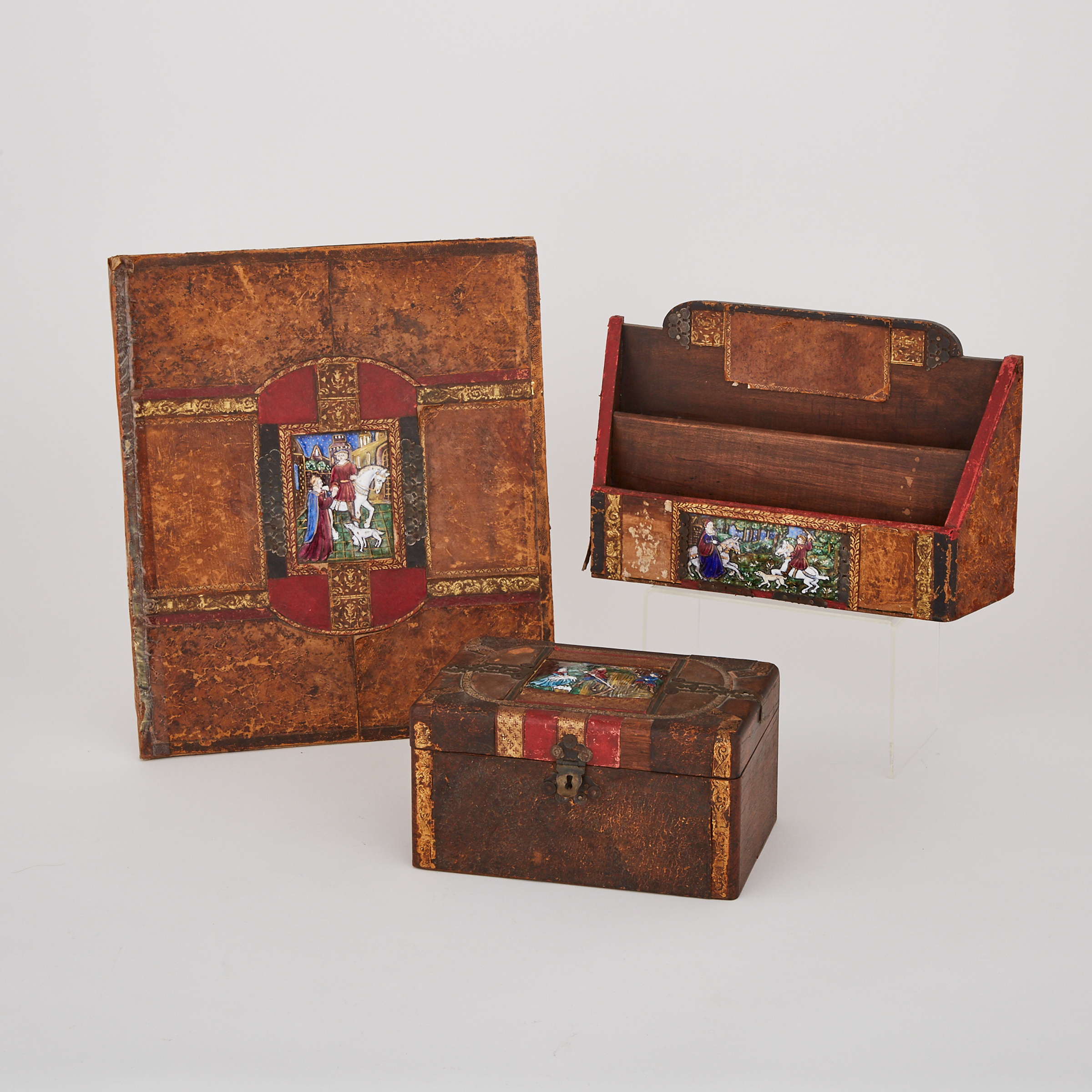 Three Piece Limoges Enamel Plaque Inset Leather Covered Desk Set, c.1900