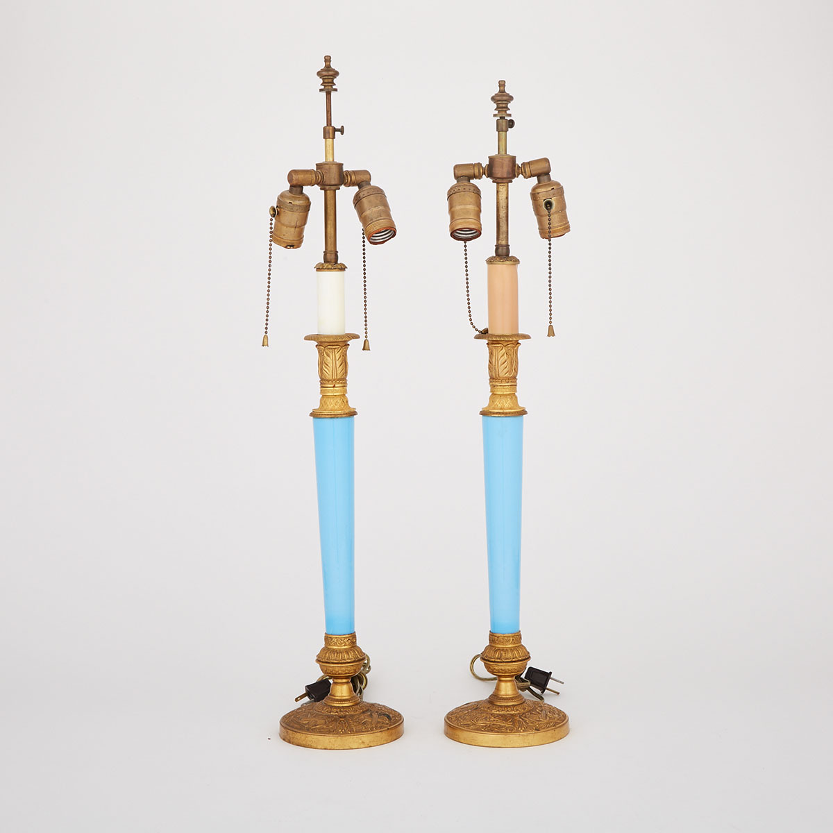 Pair of Victorian Blue Opaline Glass and Gilt Metal Candlestick Lamps, c.1900