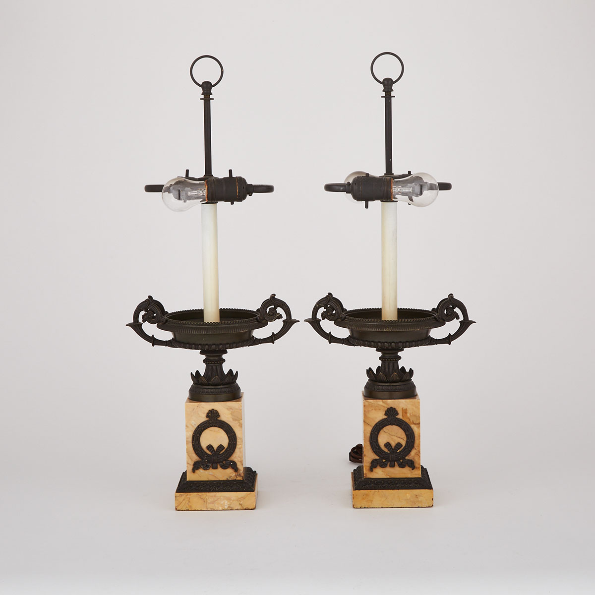 Pair of French Bronze and Sienna Marble Tazza Garniture Table Lamps, 19th century
