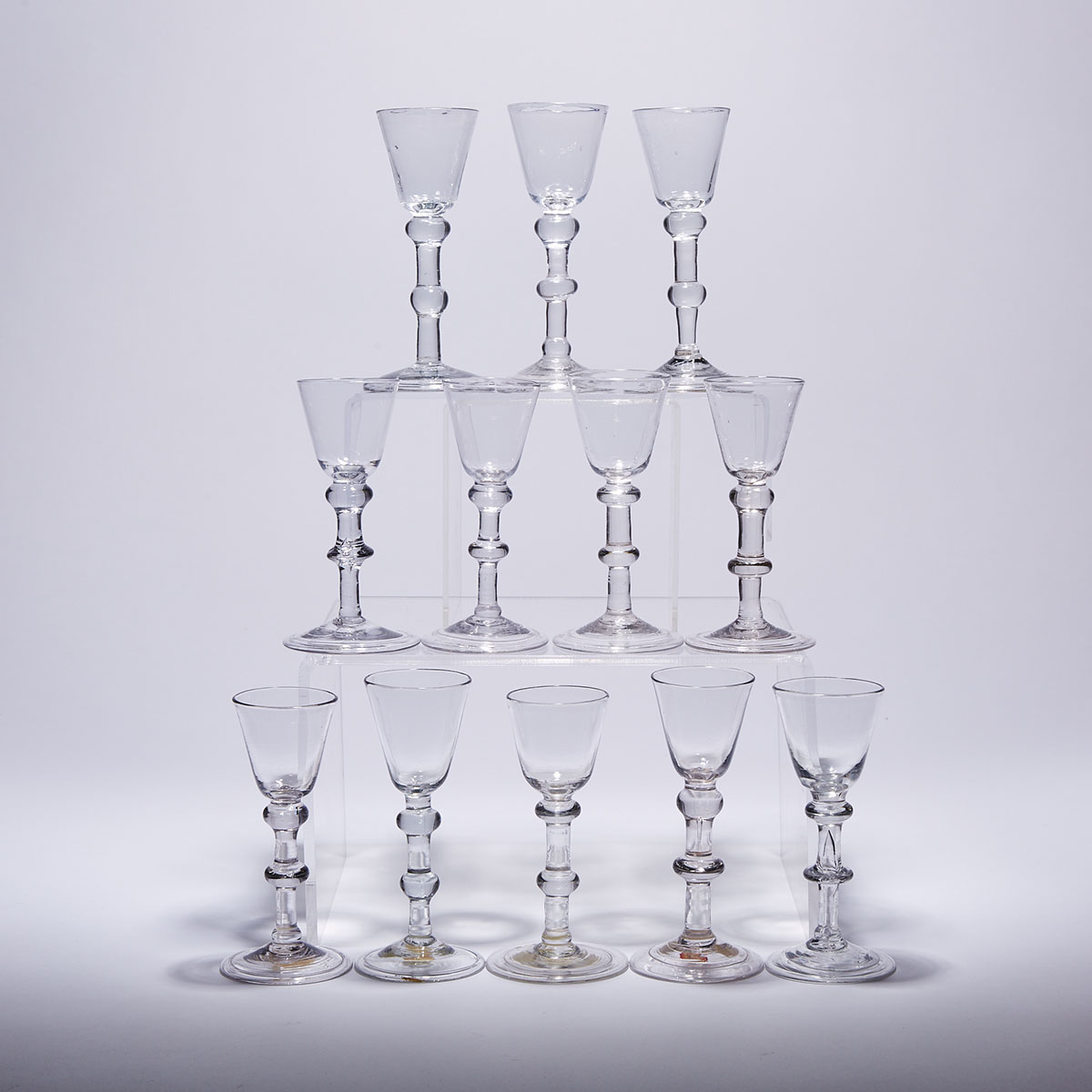Twelve English Knop Stemmed Wine Glasses, mid-18th century