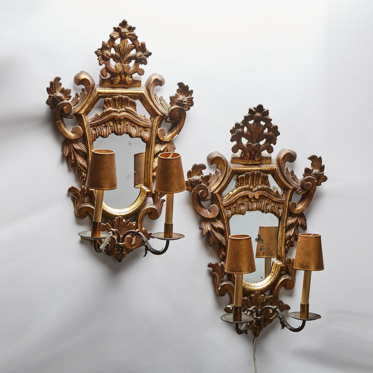 Pair of Florentine Gilt Wood Mirror Back Wall Sconces, early 20th century