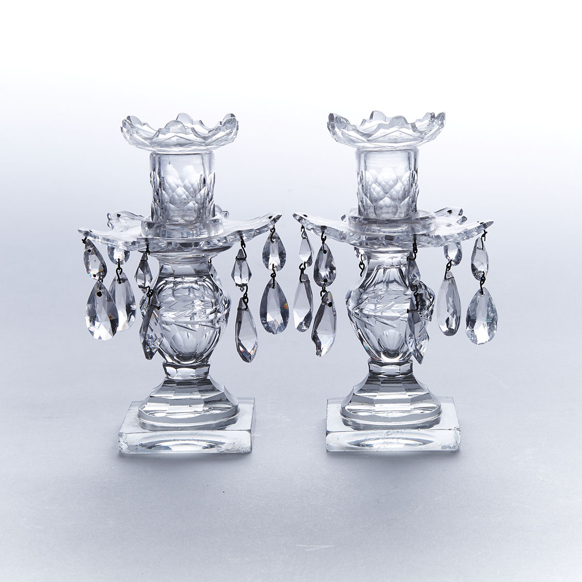 Pair of Anglo-Irish Cut Glass Candlestick Lustres, c.1800
