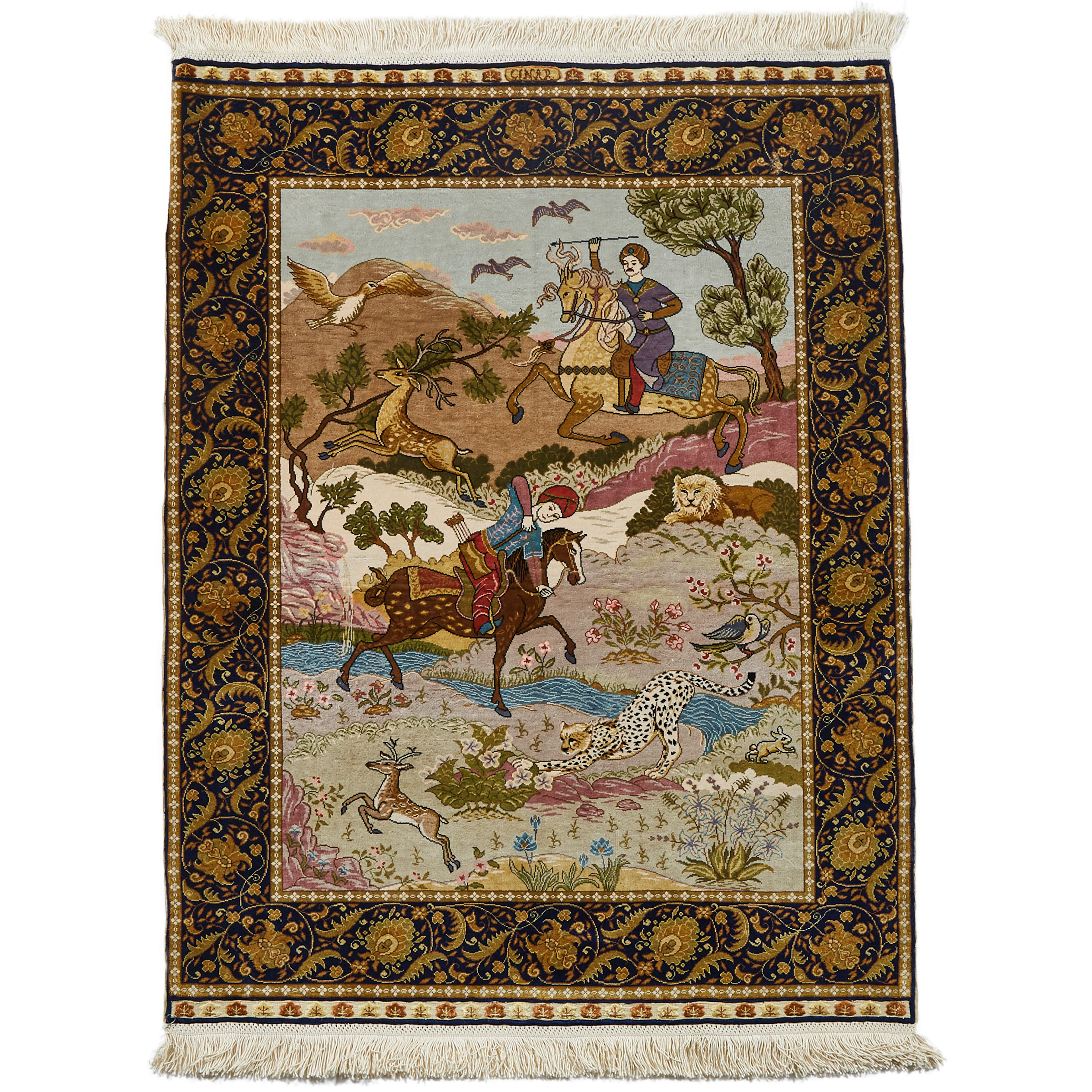 Hereke Sultani Silk Pictorial Rug, Turkish, signed Cinar, mid 20th century