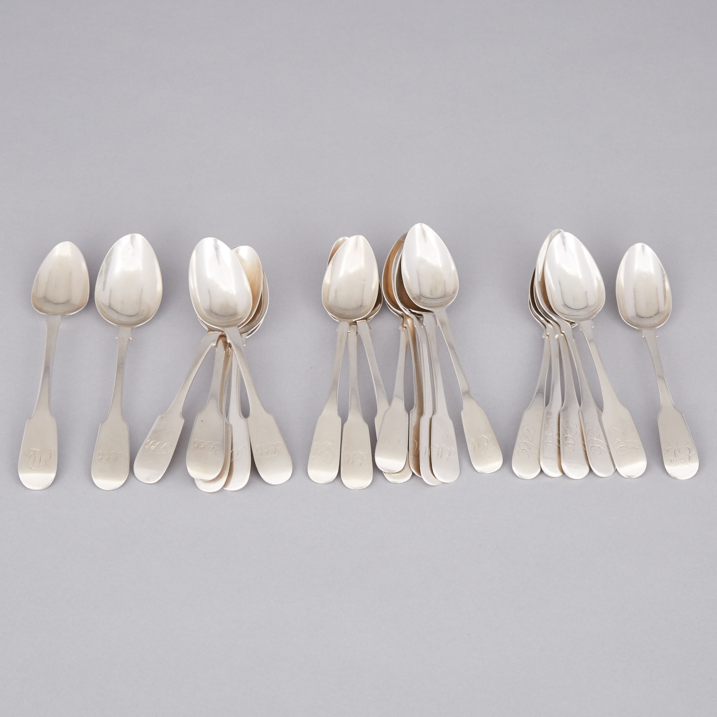 Twenty-One Canadian Silver Fiddle Pattern Tea Spoons, Quebec City & Montreal, Que., 19th century