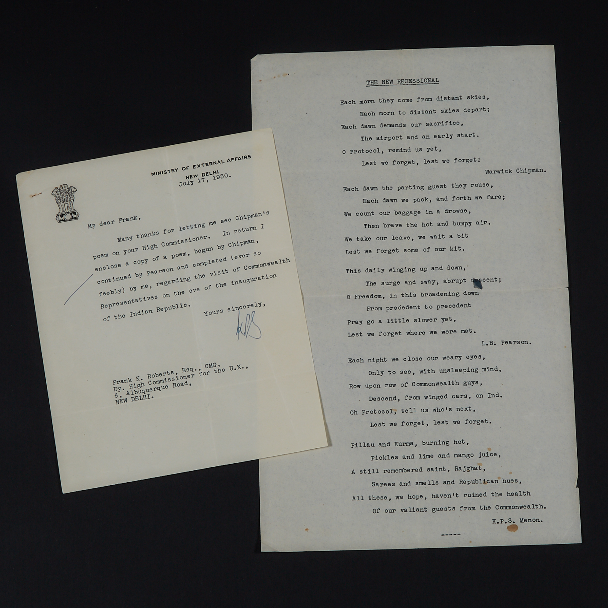 Kumar Padmanabha Sivasankara Menon (1898-1982) Letter and Poem, July 17, 1950