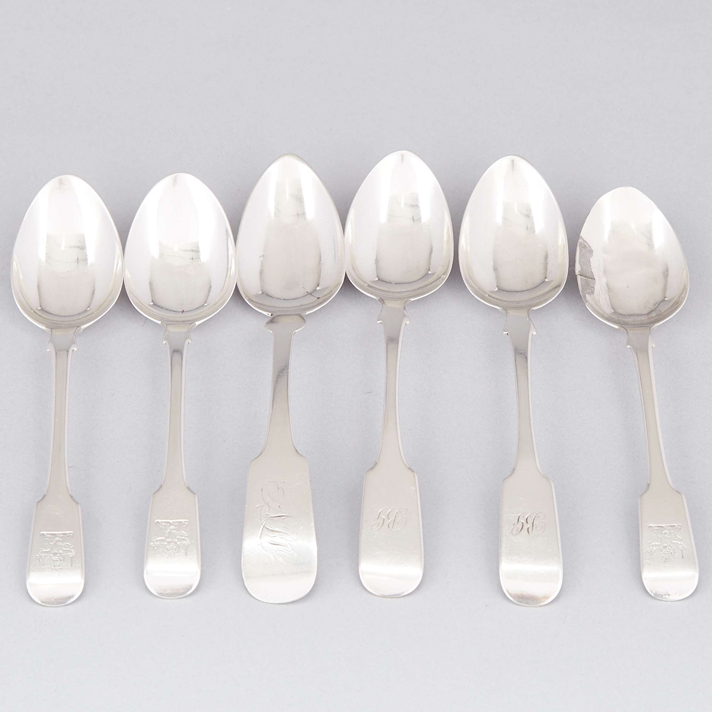 Six Canadian Silver Fiddle Pattern Tea Spoons, various Quebec makers, 19th century