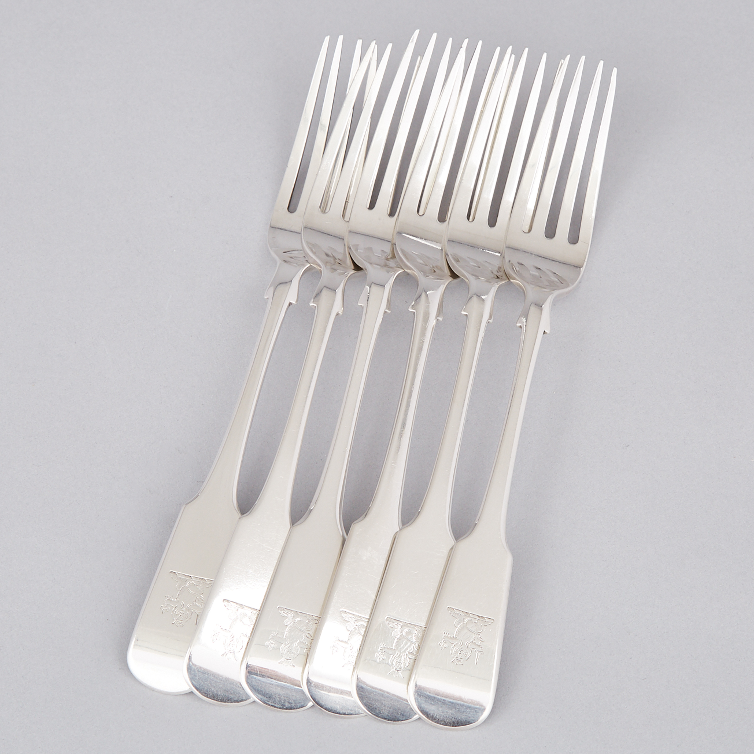 Six Canadian Silver Fiddle Pattern Dinner Forks, James Smellie, Quebec City, Que., 1820s