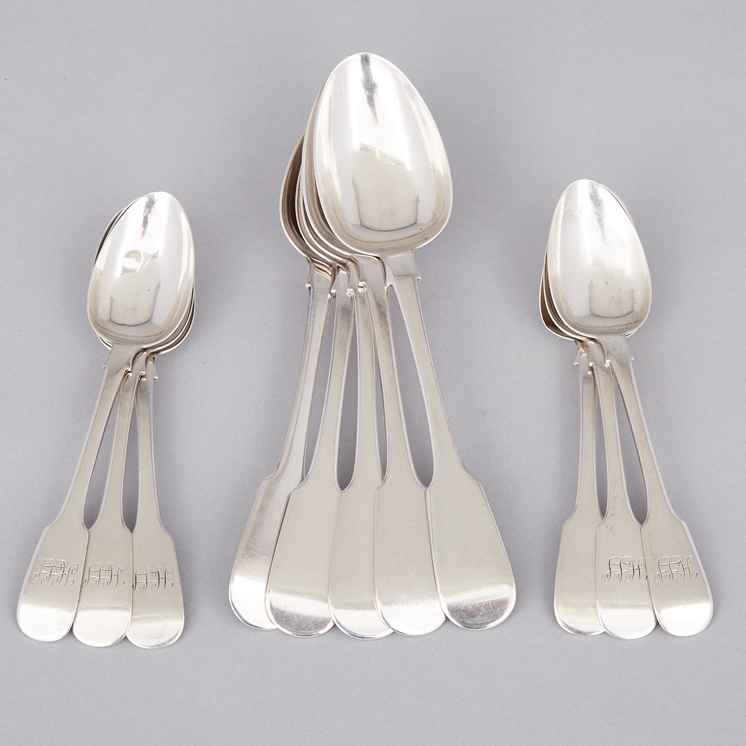 Five Canadian Silver Fiddle Pattern Dessert Spoons and Six Tea Spoons, François Sasseville, Quebec City, Que., mid-19th century 