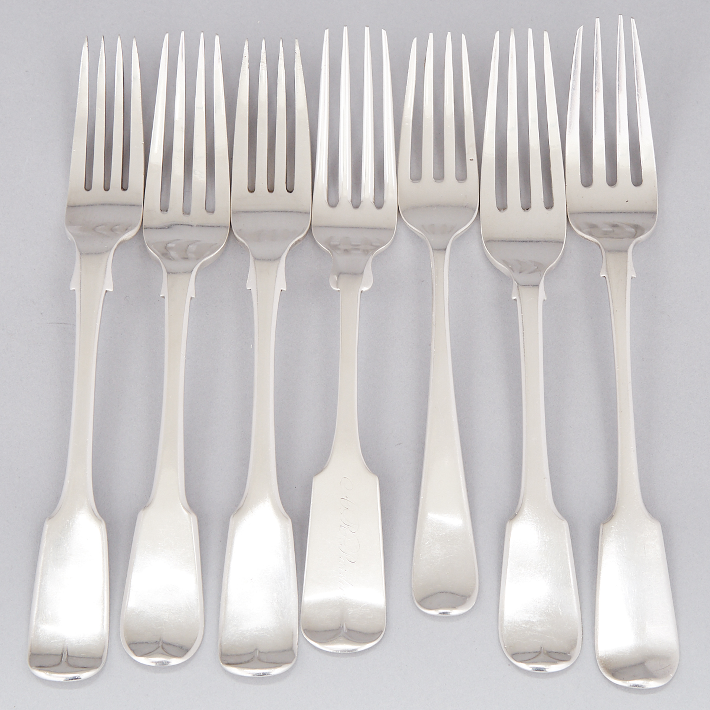 Seven Canadian Silver Fiddle and Old English Pattern Dinner Forks, various makers, 19th century