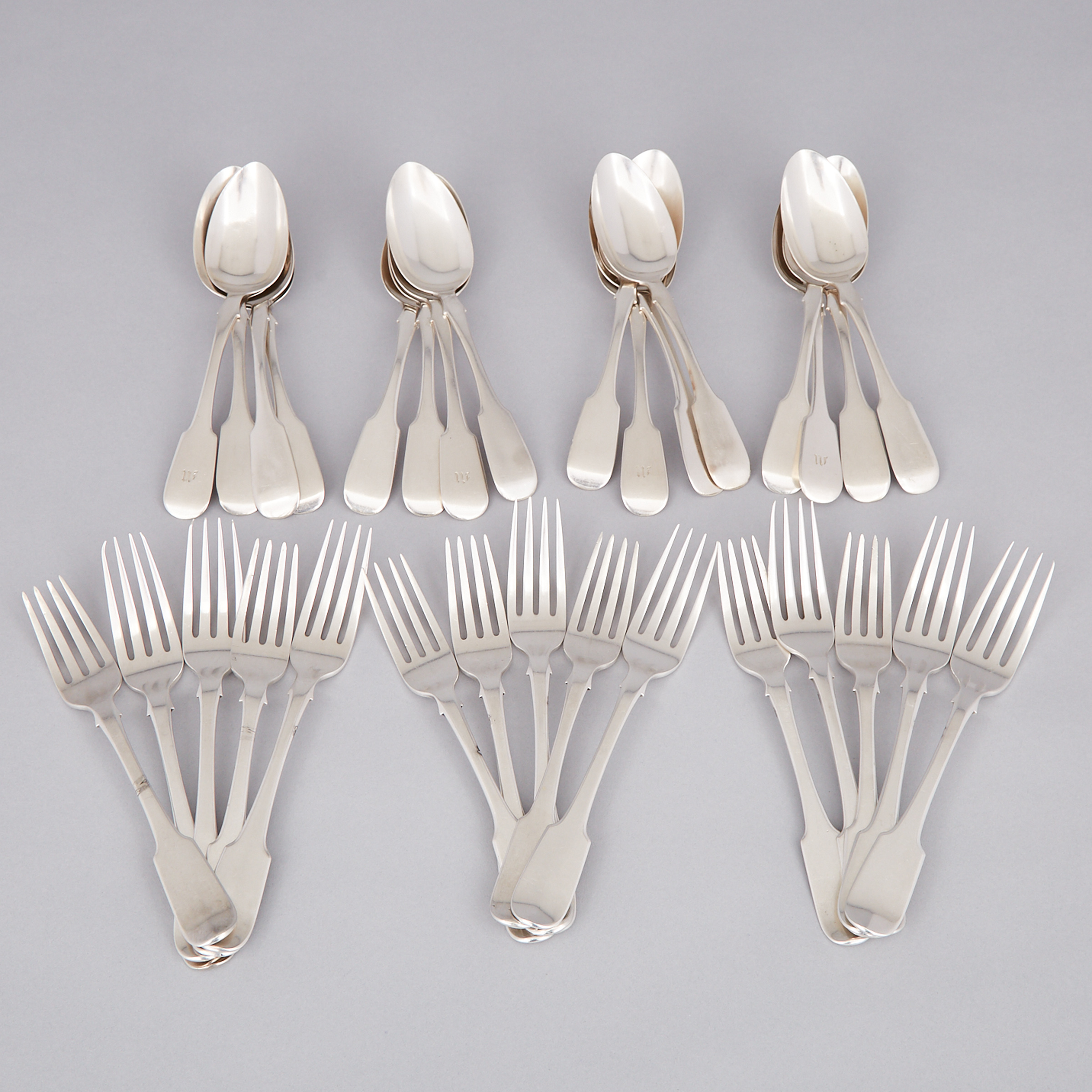 Sixteen Canadian Silver Fiddle Pattern Dessert Spoons and Fifteen Dessert Forks, George Savage/George Savage & Son, Montreal, Que., mid-19th century