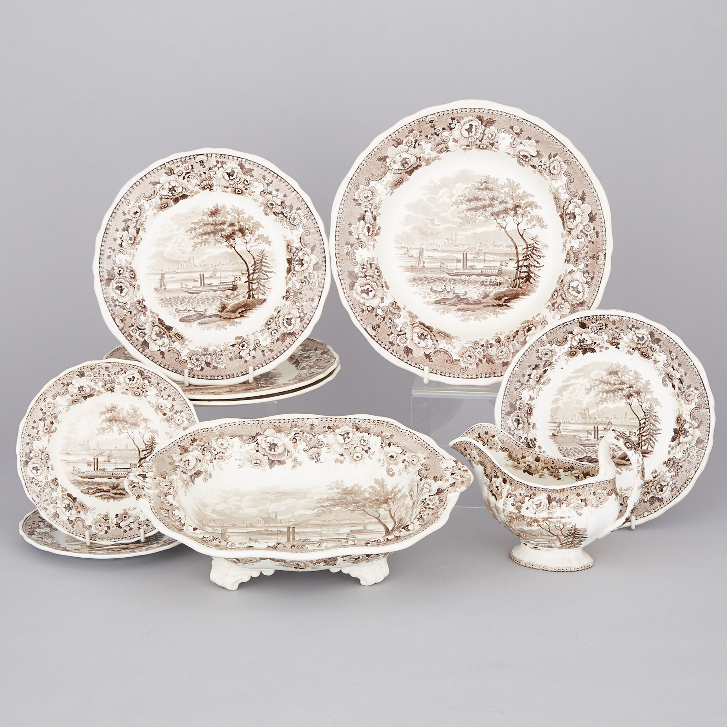 Seven Davenport ‘Montreal’ Plates, a Sauce Boat and Serving Dish, c.1835