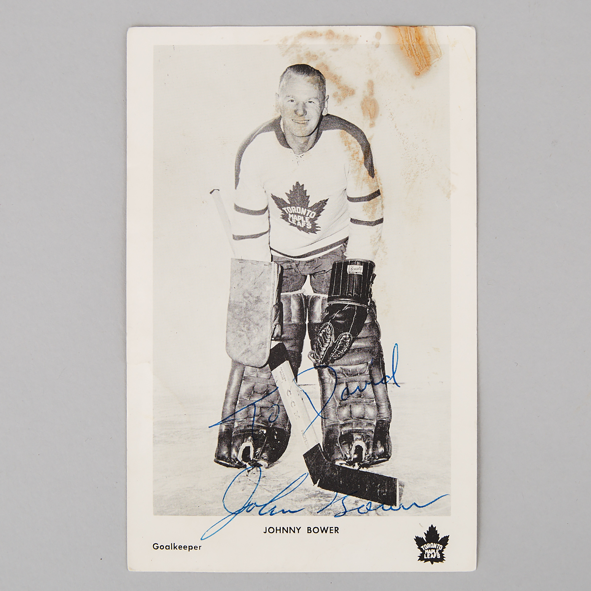 Toronto Maple Leafs Johnny Bower Autographed Publicity Photograph, 1962