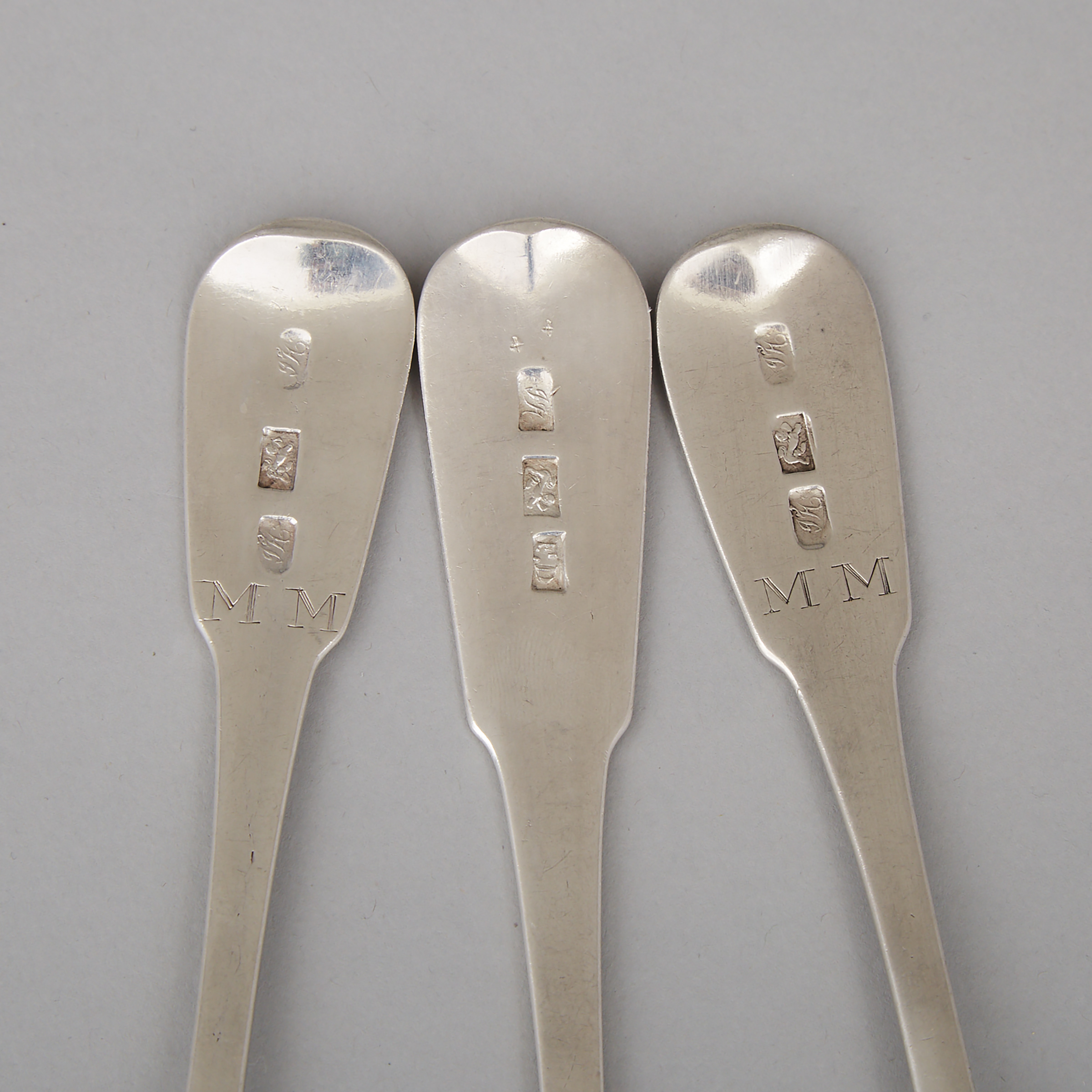 Three Canadian Silver Fiddle Pattern Table Spoons, James Hanna and Hanna & Delagrave, Quebec City, Que., early 19th century