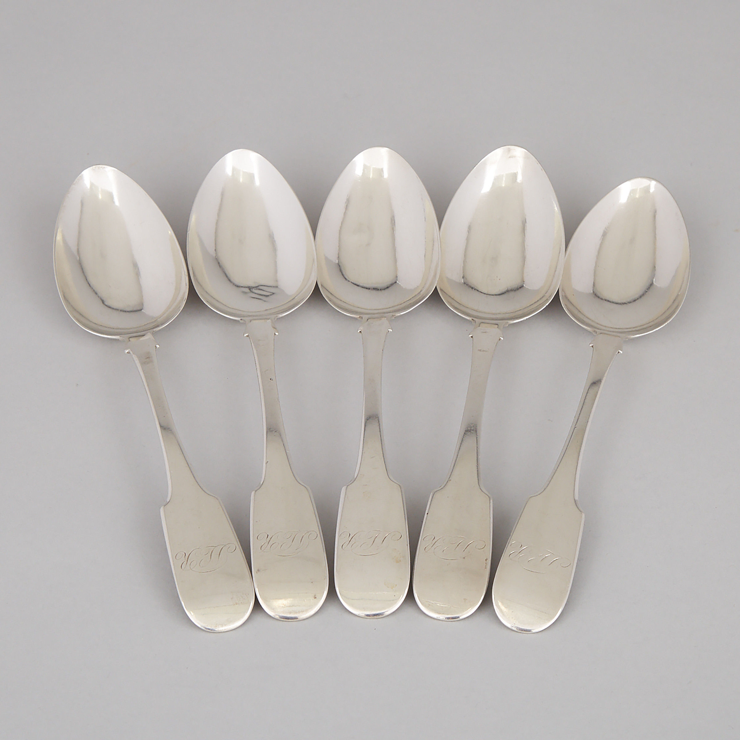 Five Canadian Silver Fiddle Pattern Table Spoons, Peter Bohle, Montreal, Que., c.1820