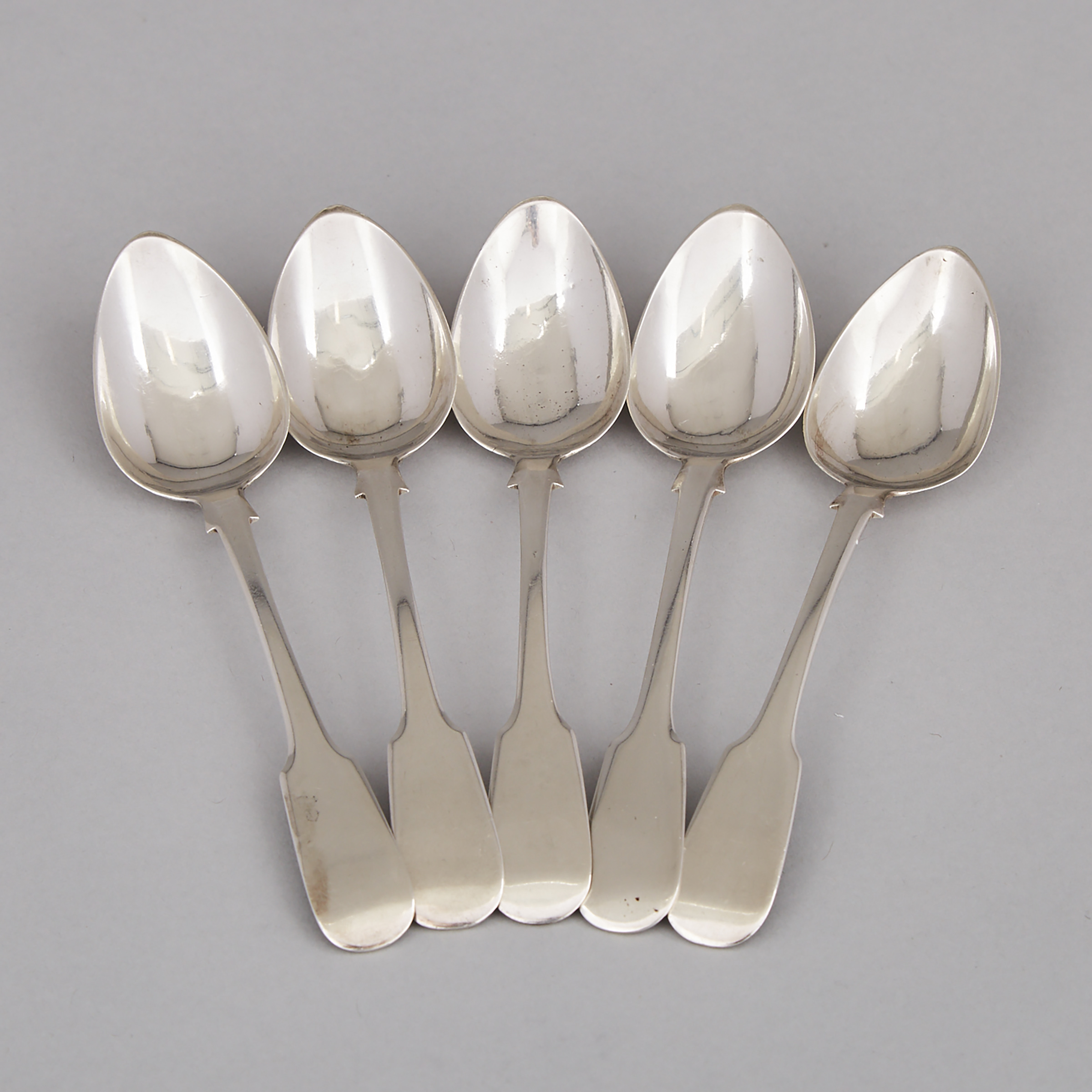 Five Canadian Silver Fiddle Pattern Tea Spoons, Peter Nordbeck, Halifax, mid-19th century