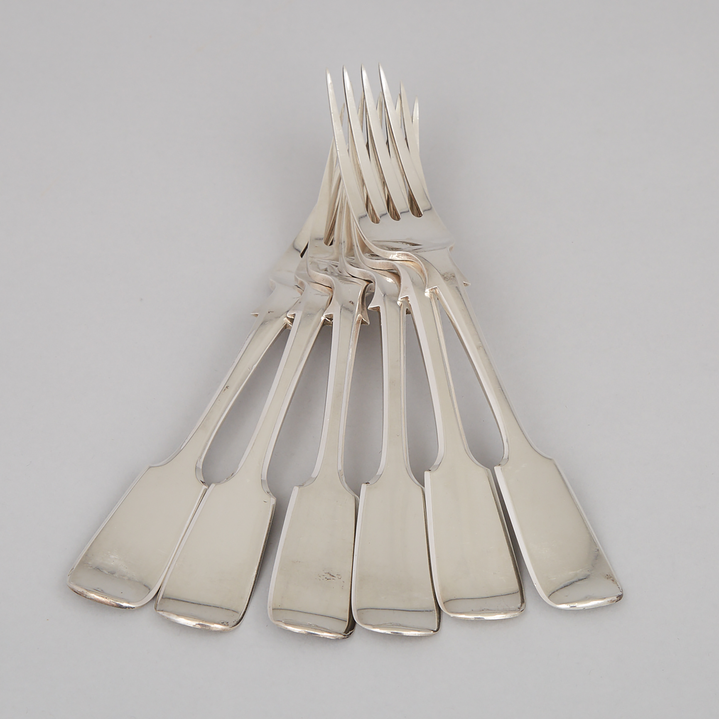 Six Canadian Silver Fiddle Pattern Table Forks, James Burns, Saint John, New Brunswick, c.1850