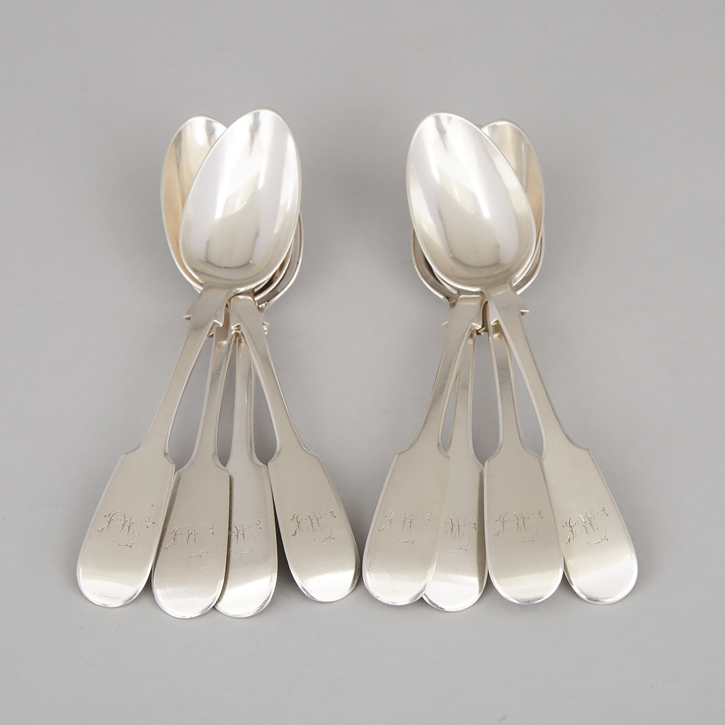Eight Canadian Fiddle Pattern Dessert Spoons, Robert Hendery & Co., for William Walker, Montreal, Que., c.1880