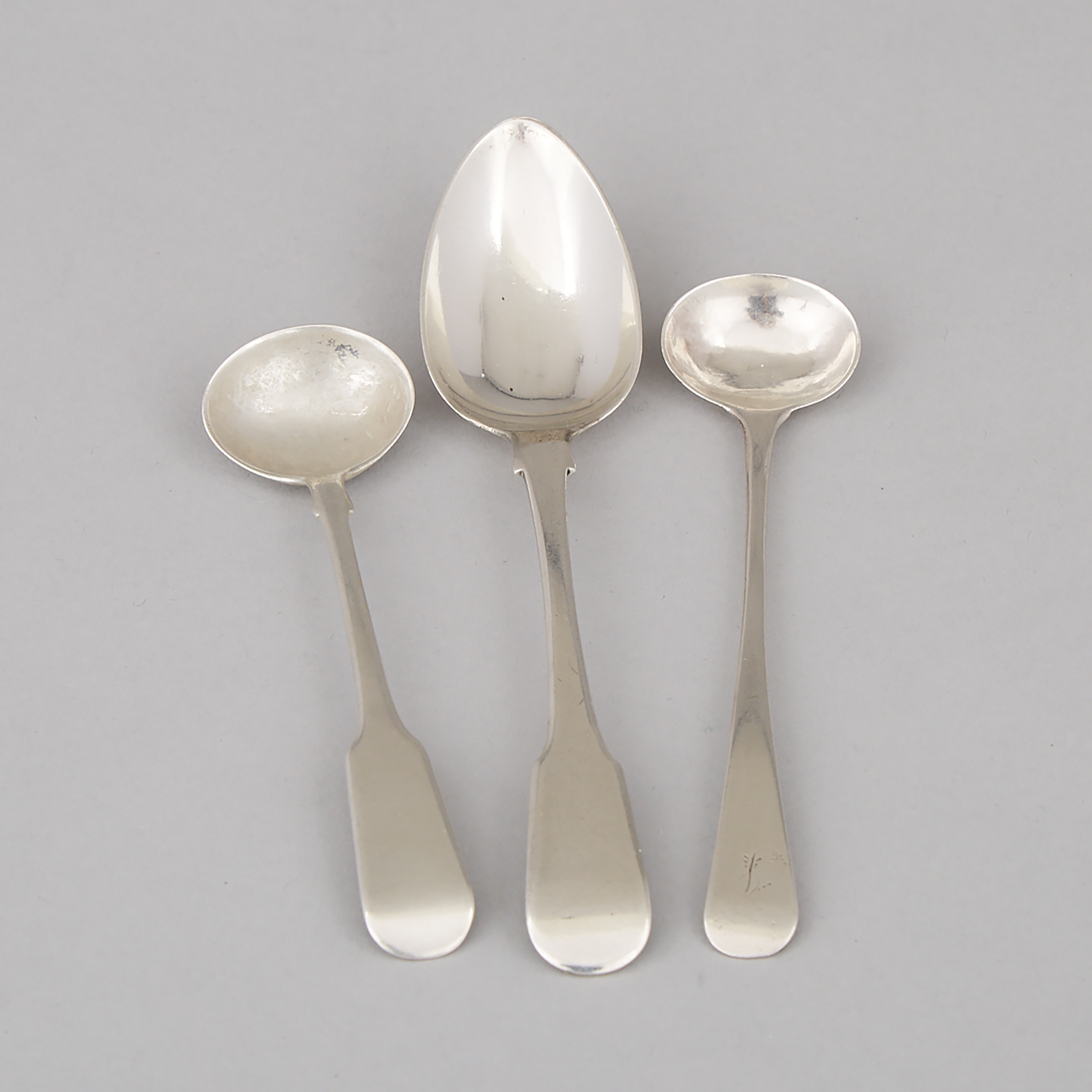 Canadian Silver Tea Spoon, Larent Amiot, and Two Salt Spoons, Michel Fortin and James Smellie, Quebec City, Que., early 19th century