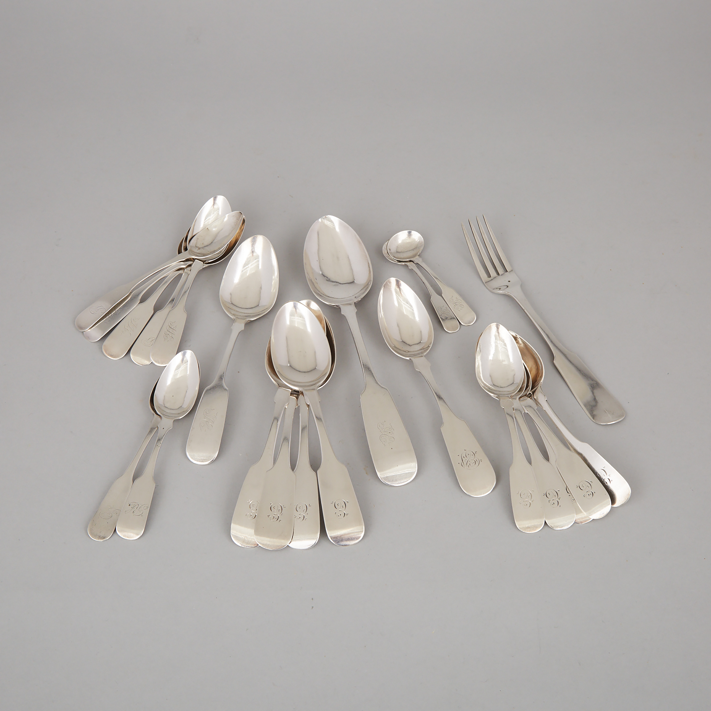 Canadian Silver Fiddle Pattern Flatware, Amos Page, Nova Scotia, mid-19th century
