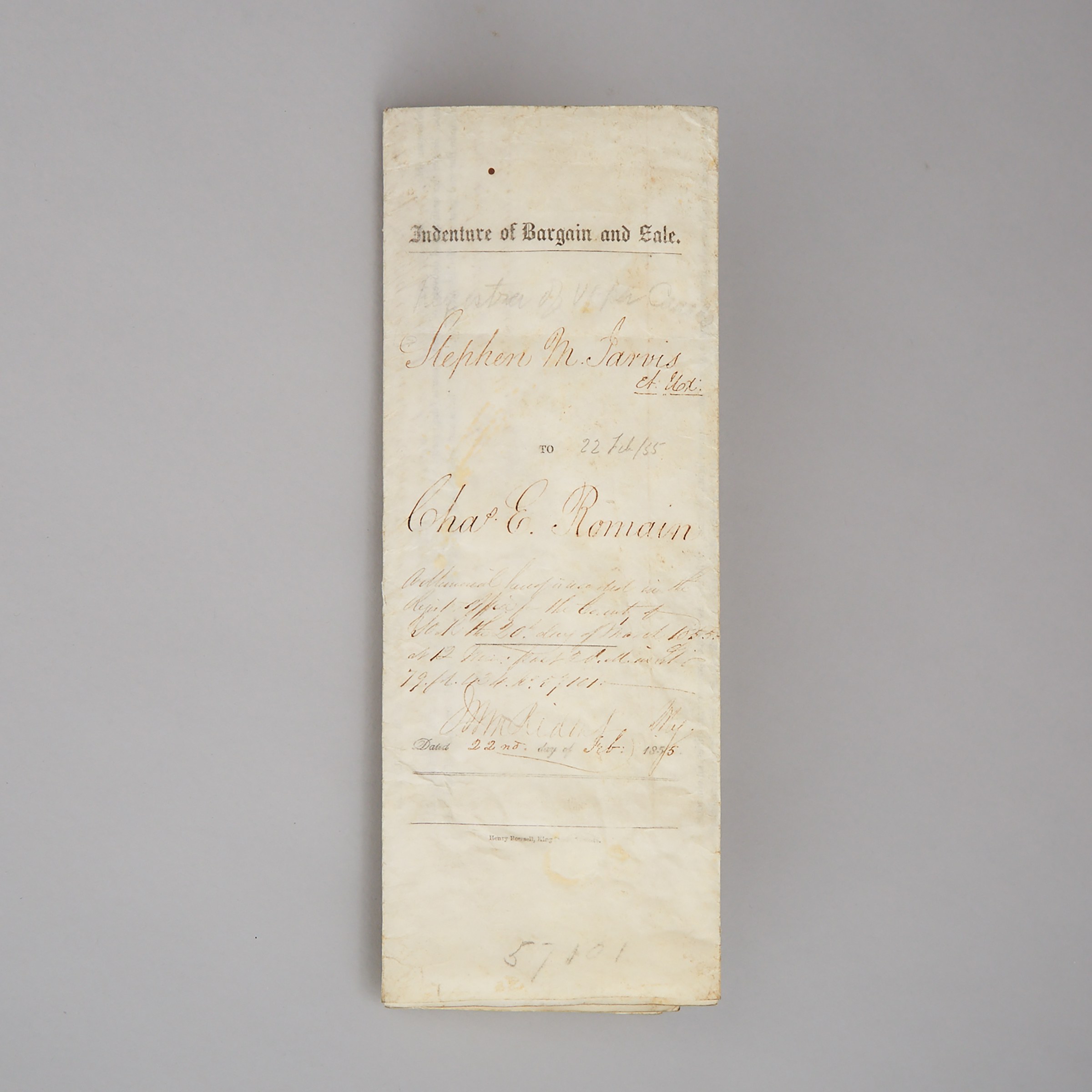 Indenture of Toronto Land Sale from Stephen Maule and Mary Jarvis to Charles Edward Romain, February 22nd, 1855