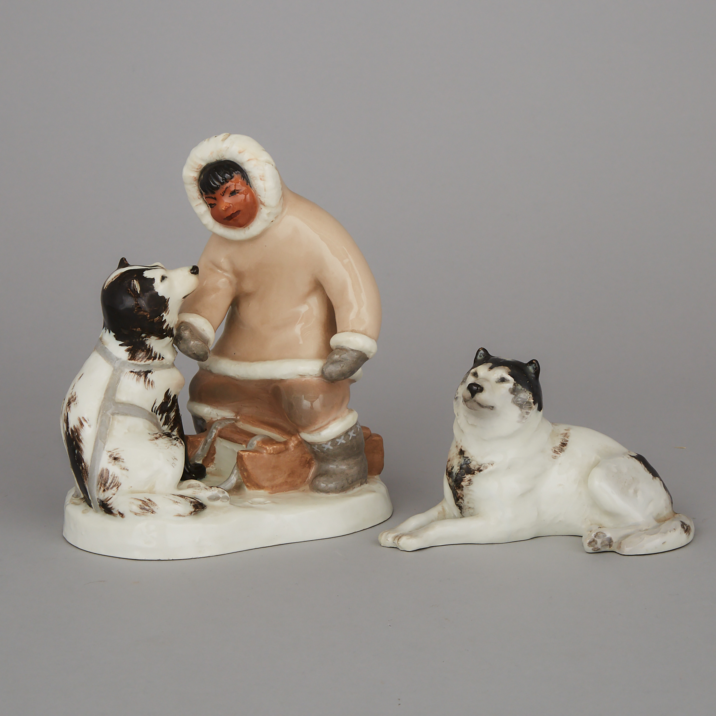 Leo Mol Porcelain Figure Group of an Inuk Boy with Sled and Dogs, 1954
