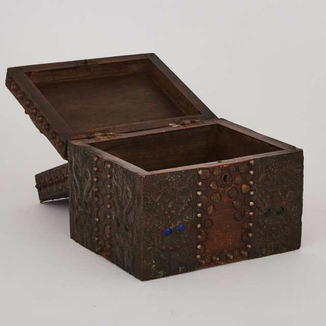 French Jewelled Copper Repousée Box-Lidded-Box, Attributed to Alfred Louis Daguet, c.1905