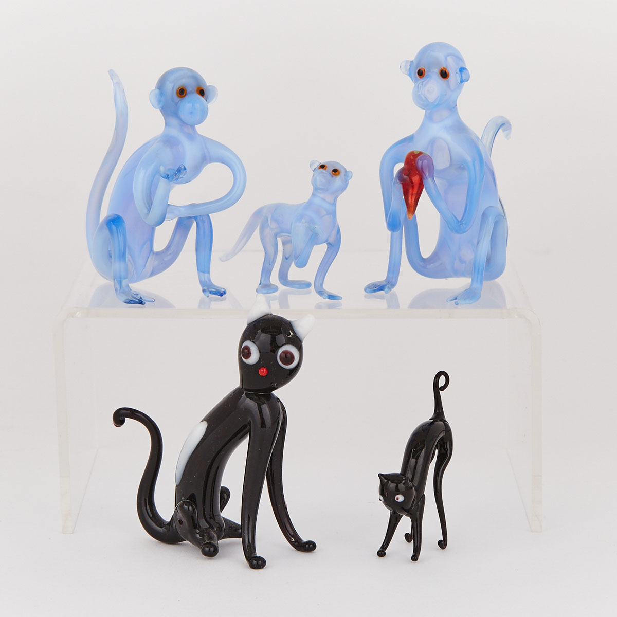 Three Bimini Werkstätte Miniature Glass Monkeys and Two Cats, 1930s